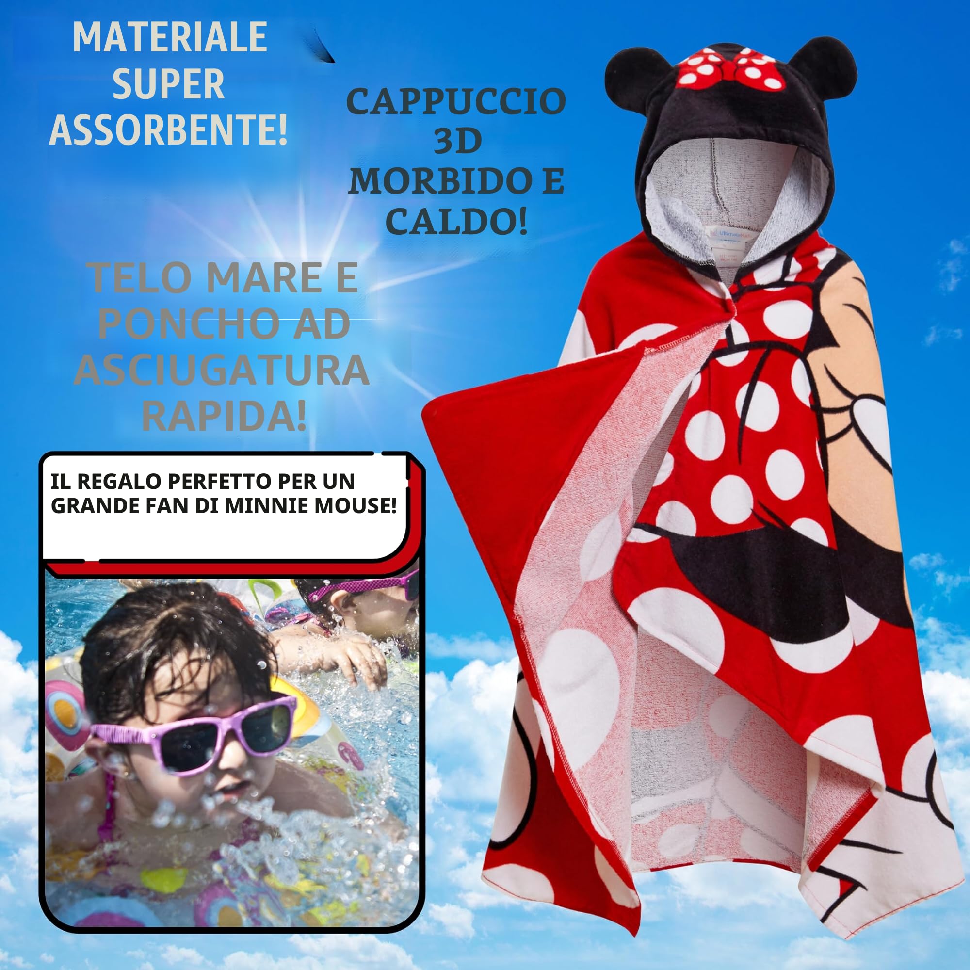 Disney Asciugamano con cappuccio Minnie Mouse 100% cotone Poncho per ragazze Asciugamano da spiaggia per bambini Asciugamano da bagno Avvolgente da piscina Accappatoio da cambio