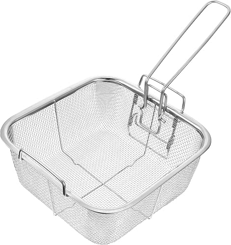 Hemoton Cesta comercial para freír con asa, cesta de acero inoxidable, colador cuadrado para freidora de pescado, colador de mesa, cestas para