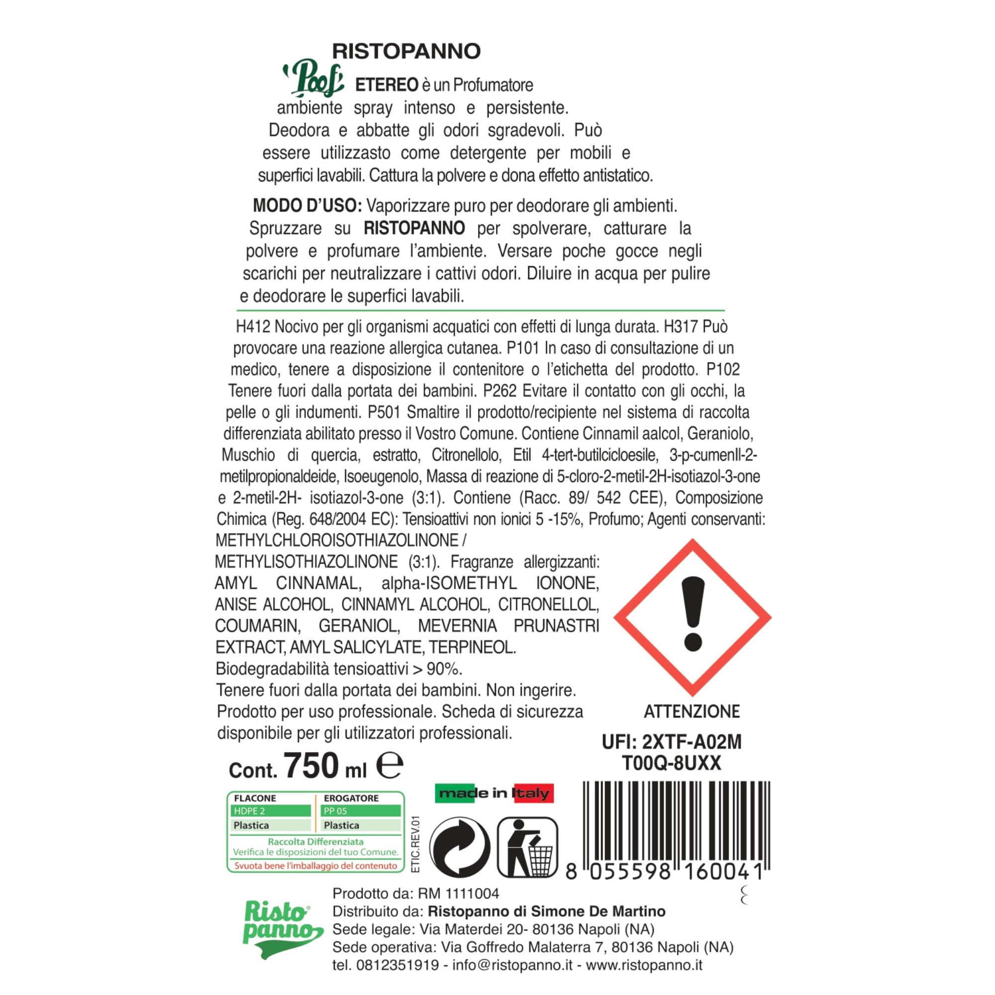 RISTOPANNO Profumatore Ambiente Spray Professionale Gelsomino & Muschio Bianco 750ml