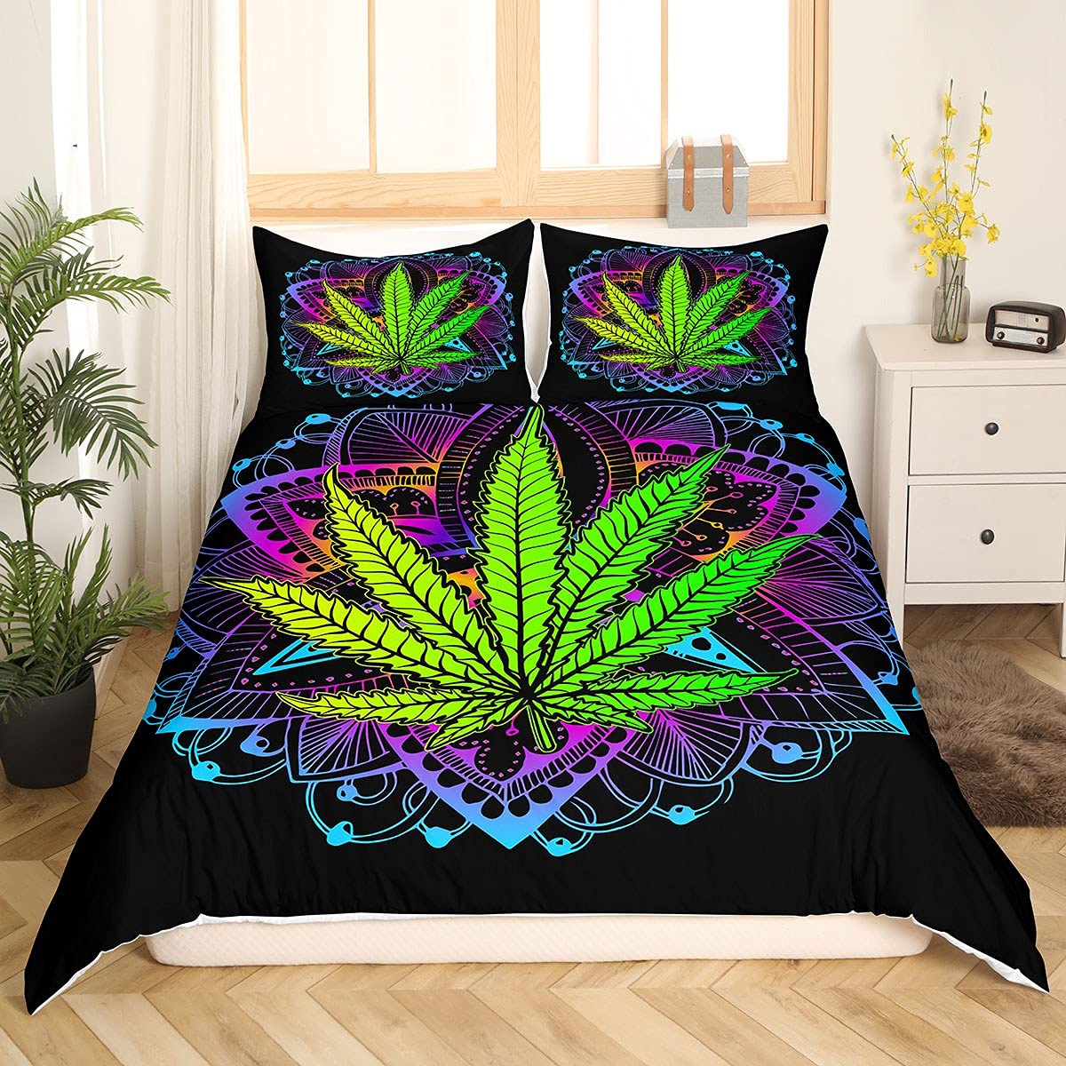 Drap de lit bohème vert marijuana et violet Homewish en polyester 135x200 cm