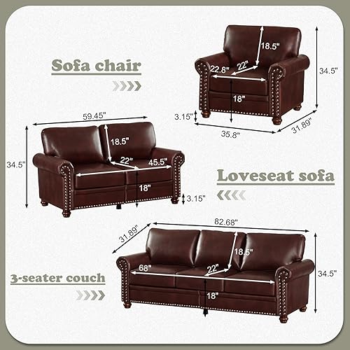 Miniatura 2 de Antetek Juego de sofá de piel sintética de 3 piezas, sillón moderno de mediados de siglo+sofá biplaza+sofá de 3 plazas con espacio de Marrón,Negro