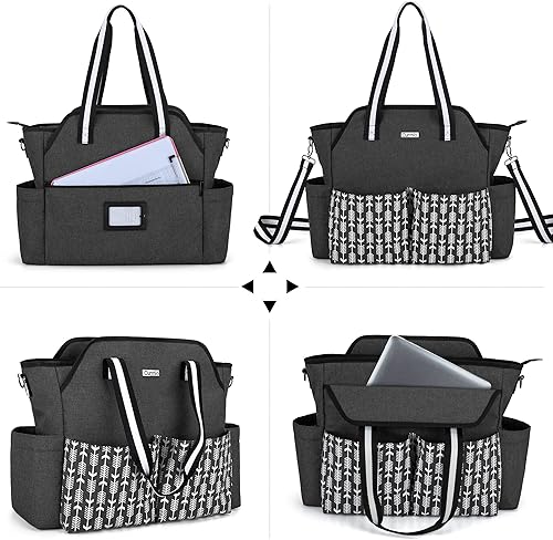 Miniatura 4 de CURMIO Bolsa de trabajo para profesores para mujer, bolsa de mano portátil para profesores con funda acolchada para laptop, negro con flecha (solo