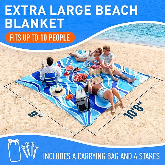 Everlasting Comfort Large Beach Blanket Waterproof & Sandproof - 128 x 108 /10.7ft x 9ft - Lightweight Picnic Mat, Camping Necessities for 10 People - Accessories for Outdoor Festivals - Blue