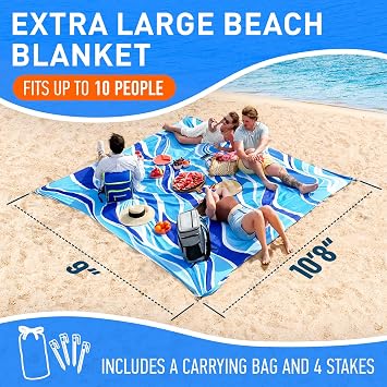 Everlasting Comfort Large Beach Blanket Waterproof & Sandproof - 128 x 108 /10.7ft x 9ft - Lightweight Picnic Mat, Camping Necessities for 10 People - Accessories for Outdoor Festivals - Blue