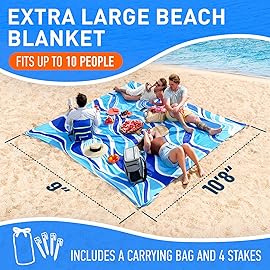 Everlasting Comfort Large Beach Blanket Waterproof & Sandproof - 128 x 108 /10.7ft x 9ft - Lightweight Picnic Mat, Camping Necessities for 10 People - Accessories for Outdoor Festivals - Blue