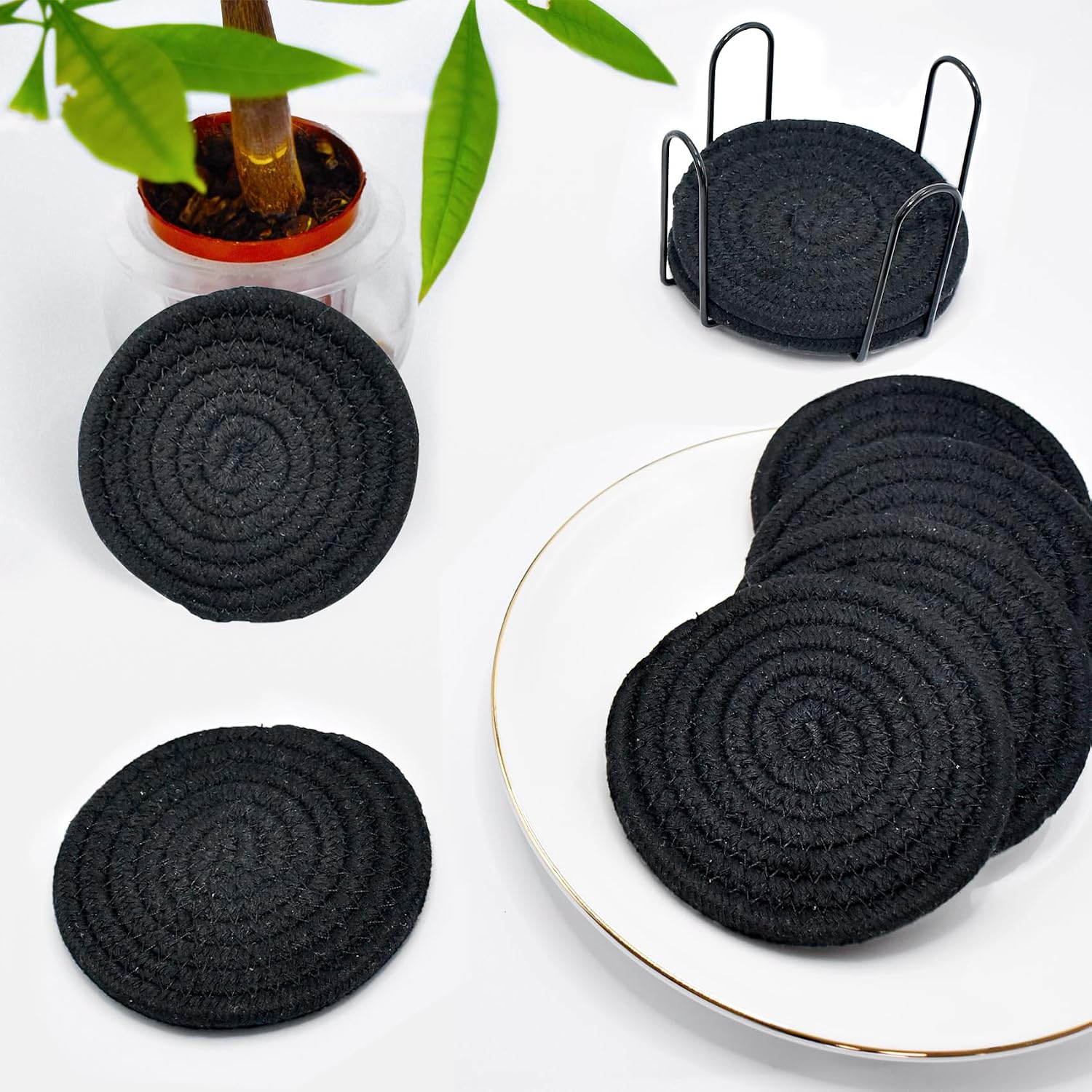 ABenkle 8 Pcs Drink Coasters with Holder, Cotton Woven Absorbent Coasters for Drinks, Minimalist Home Decor Coaster Set for Wooden Tabletop Protection Table, 4.3 inches