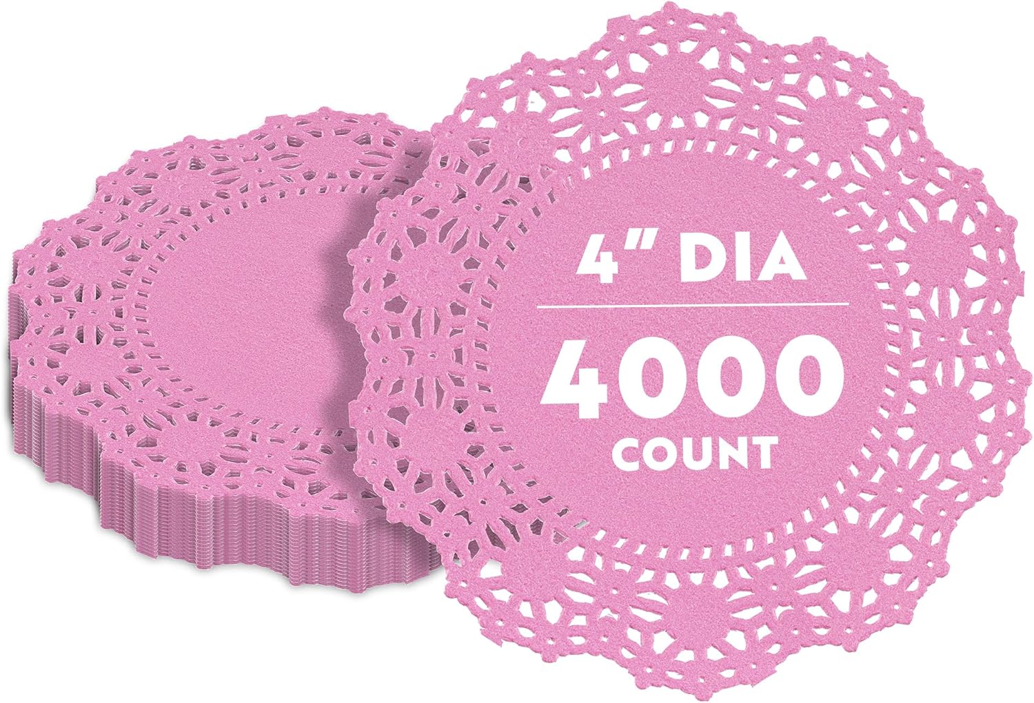 Restaurantware-Pastry Tek 4 x 4 Inch Lace Doilies, 4000 Decorative Tableware Placemats - Disposable, Round, Pink Paper Table Doilies, for Birthdays, Or Weddings, Table Decor