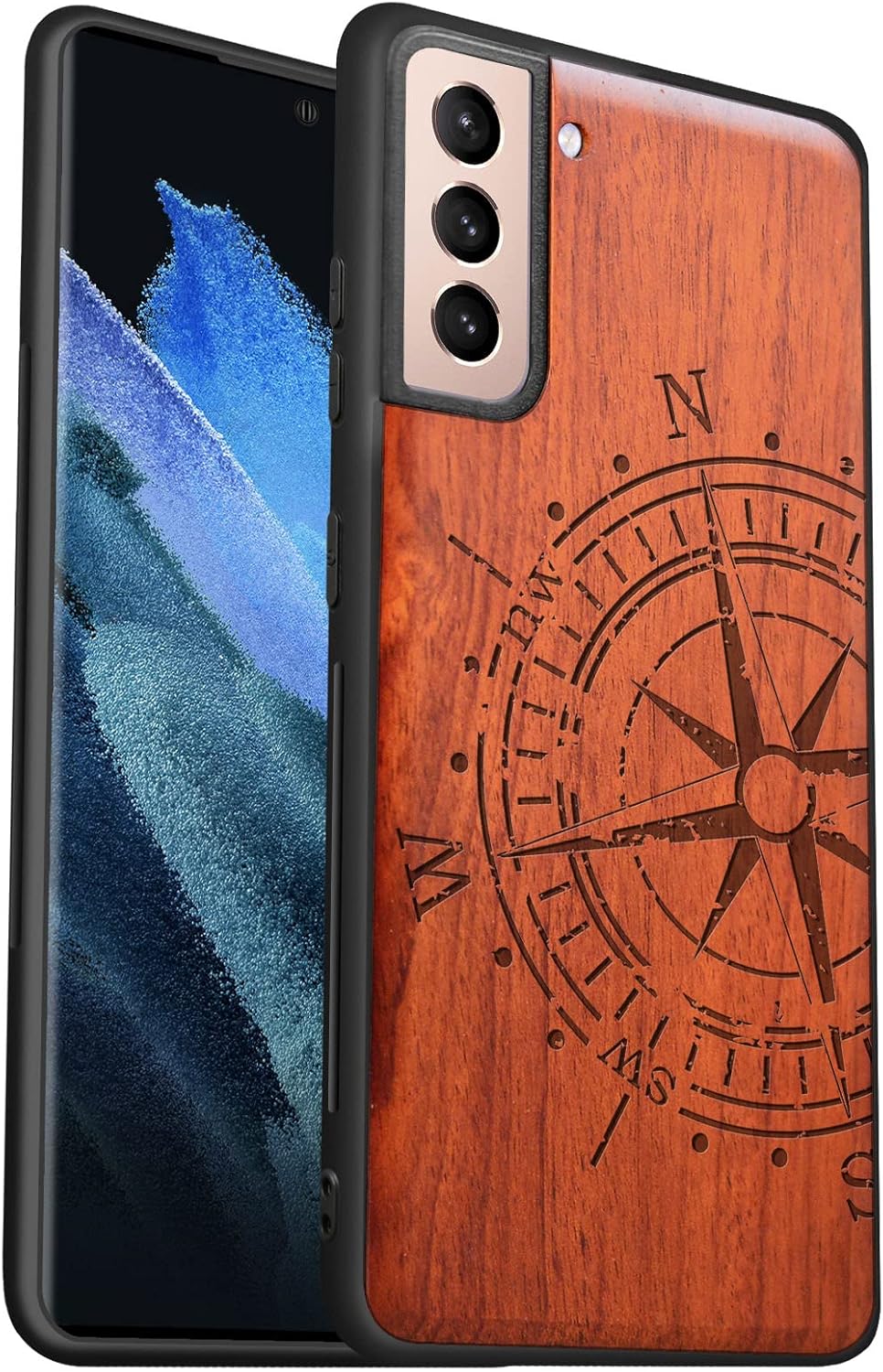 Carveit Wood Case for Galaxy S21 Case [Hard Real Wood & Soft TPU] Shockproof Hybrid Protective Unique Wooden Cover Compatible with Samsung S21 5G (Vintage Compass Carving-Rosy)
