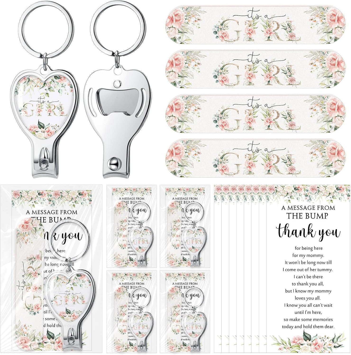 Lothee 50 Sets It's a Girl Baby Shower Favors for Guests Keychain with Nail Clipper and Bottle Opener Floral Nail Files Thank You Card Gender Reveal Party Favors for Guest Baby Shower Return Gift