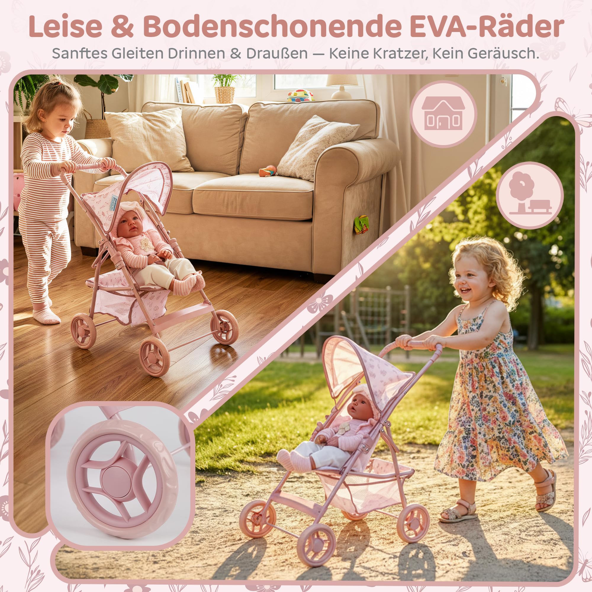 Kinderplay Puppenbuggy ab 2 Jahren – Leichter Faltbarer Puppenwagen mit Verdeck & Einkaufskorb, Stabiler Rahmen, Klappbarer Puppenkinderwagen KP0280A