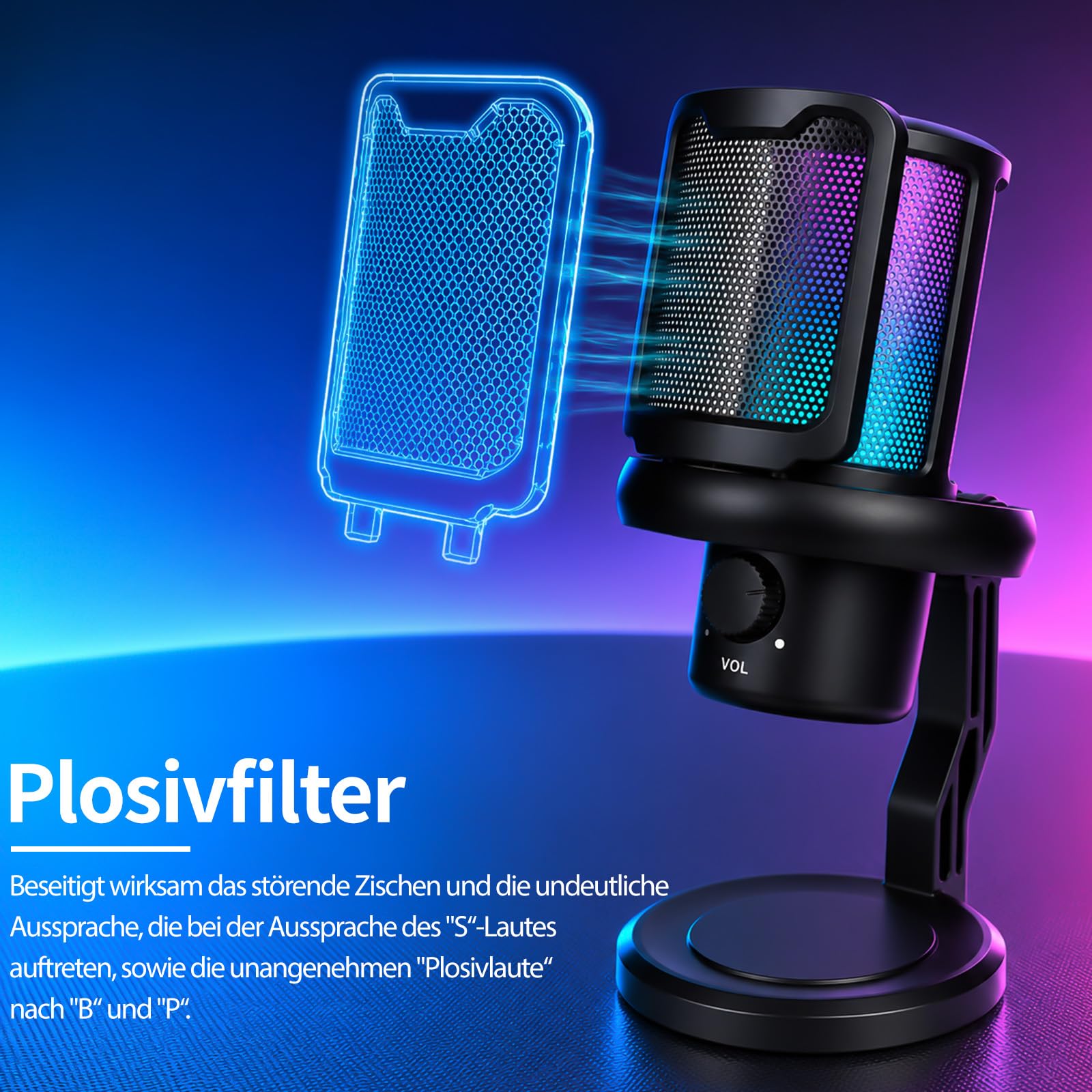 Micrófono USB para videojuegos con RGB, filtro pop y reducción de ruido (negro)
