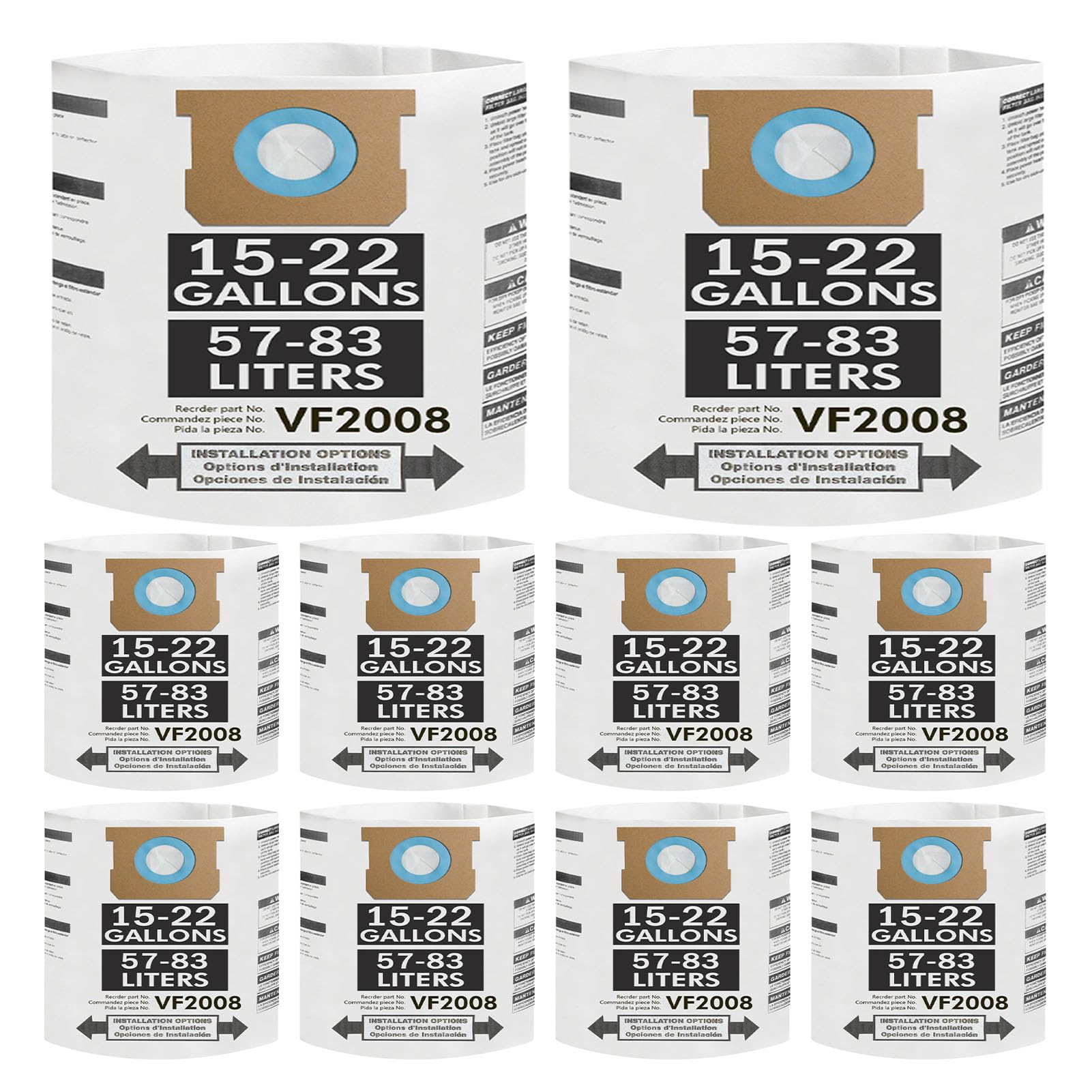 10 Pack Replacement Vacuum Bag Compatible with Shop Vac 15-22 Gallon Vac Dust Bags,Type G 90663 9066300;Type J 90673 9067300,VF2008 Vacuum Disposable