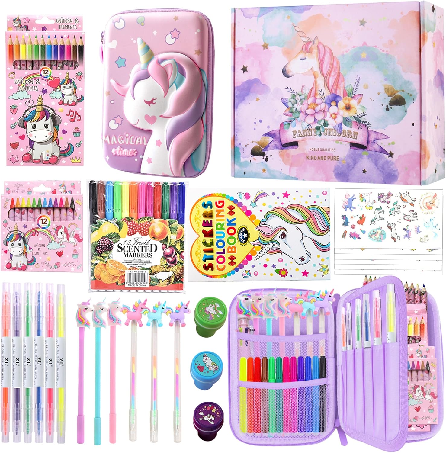 Fruit Scented Markers Set,56 Pcs Art Supplies for Kids Unicorns Gifts for Girls, Markers Set with Unicorn Pencil Case Art Supplies for Kids Craft Coloring (Purple)