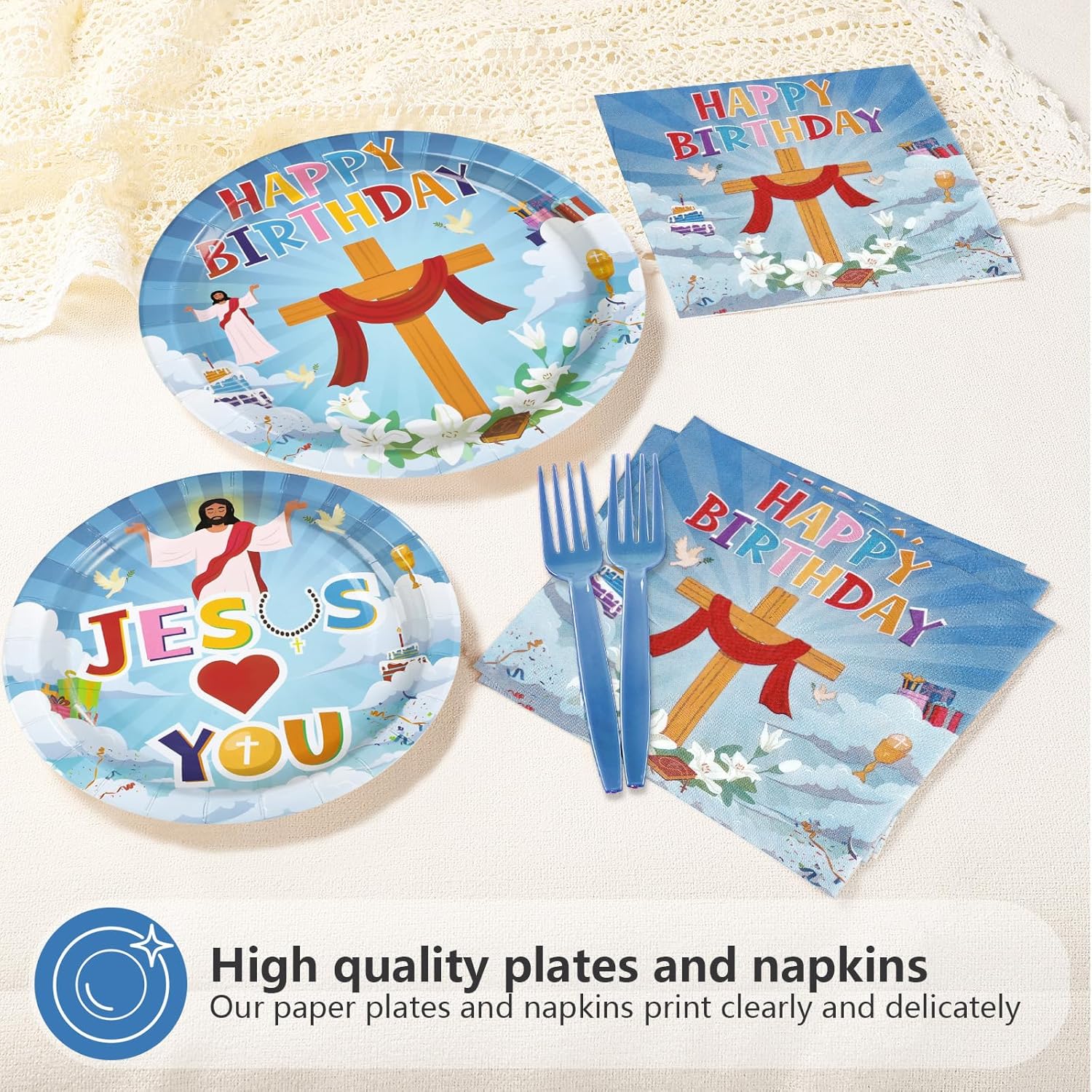 96 Pcs Jesus Birthday Party Decoration Christian Jesus Loves You Decorations Plates and Napkins Christian Cross Religious Tableware Set for kids Happy Birthday Easter Sunday Party Supplies Serves 24