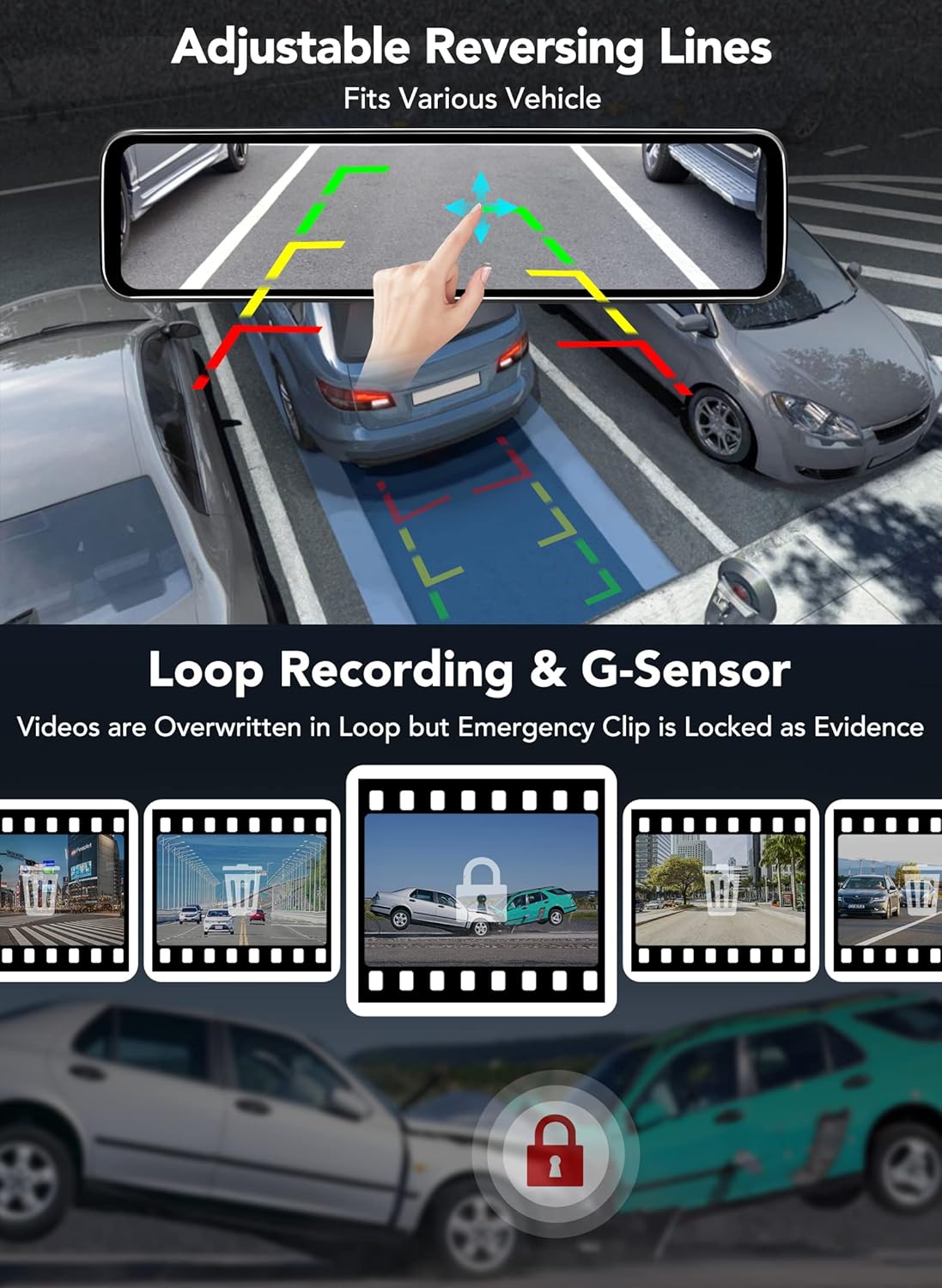 Adjustable reversing lines, loop recording, and G-sensor features