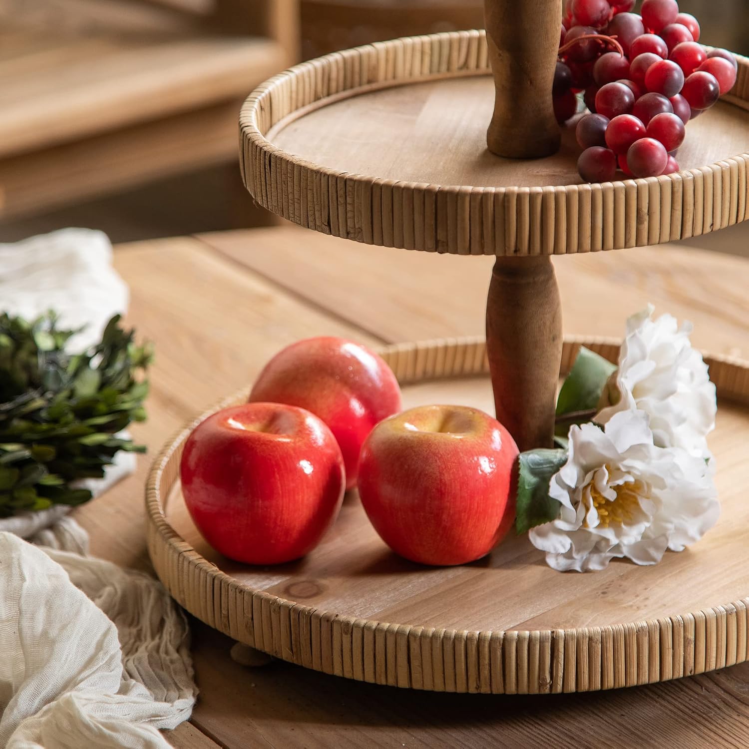 2 Tier Tray Rustic Farmhose Decor Tray with Metal Handle Round Wood Tiered Serving Tray Stand for Decor and Serving Fruit Cake Desserts Snack Candy Nuts Light Brown