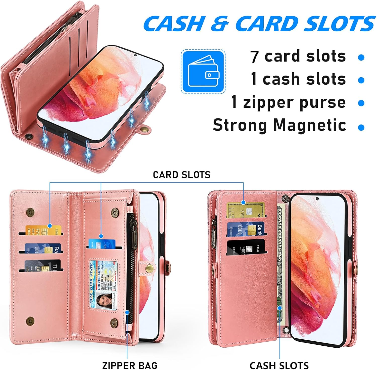 Asuwish Phone Case for Samsung Galaxy S21 5G 6.2 inch Zipper Wallet Detachable Cell Cover with Tempered Glass Screen Protector Crossbody Strap Flower Card Holder Slot S 21 21S G5 Women Girls Rose Gold