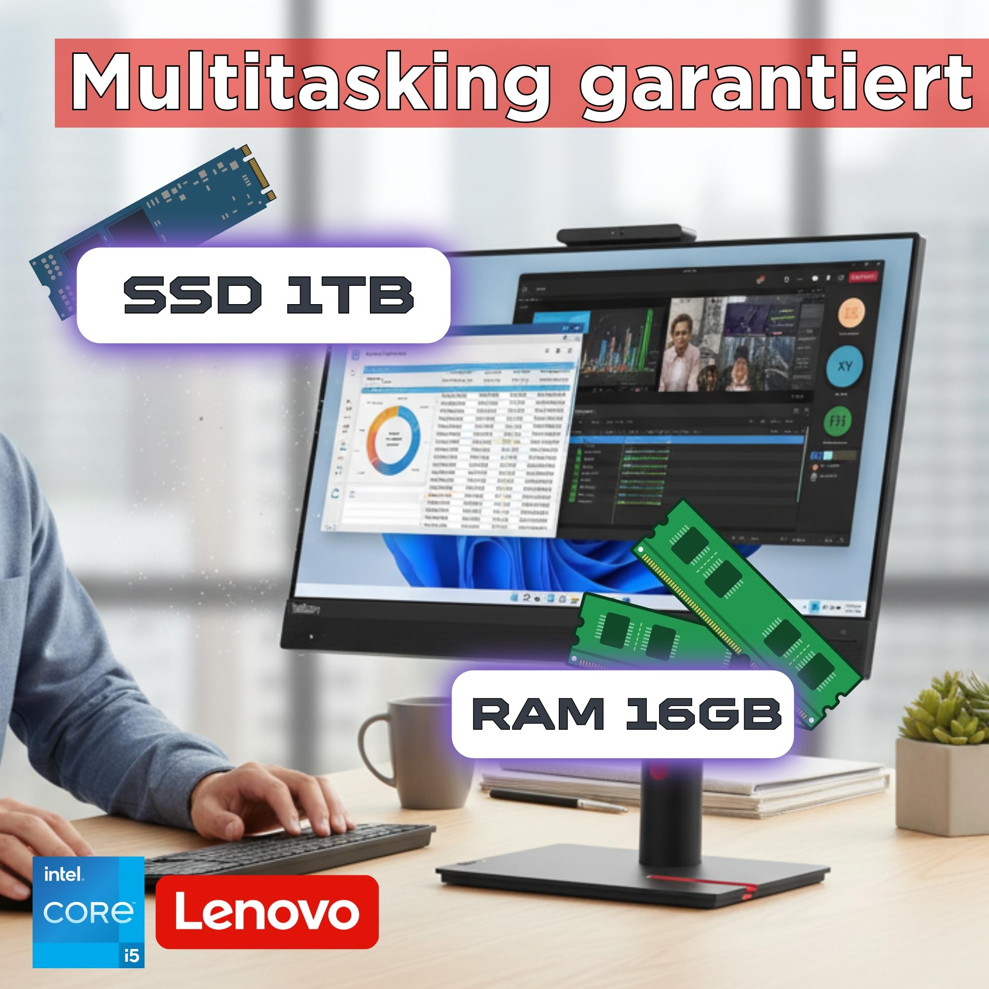 Lenovo All-in-One 24 Zoll Touchscreen i5 10500T bis zu 3,80 GHz – 16 GB RAM – 1000 GB SSD – Windows 11 Pro – Office und Business PC usb-c Garantie 36 Monate - 4