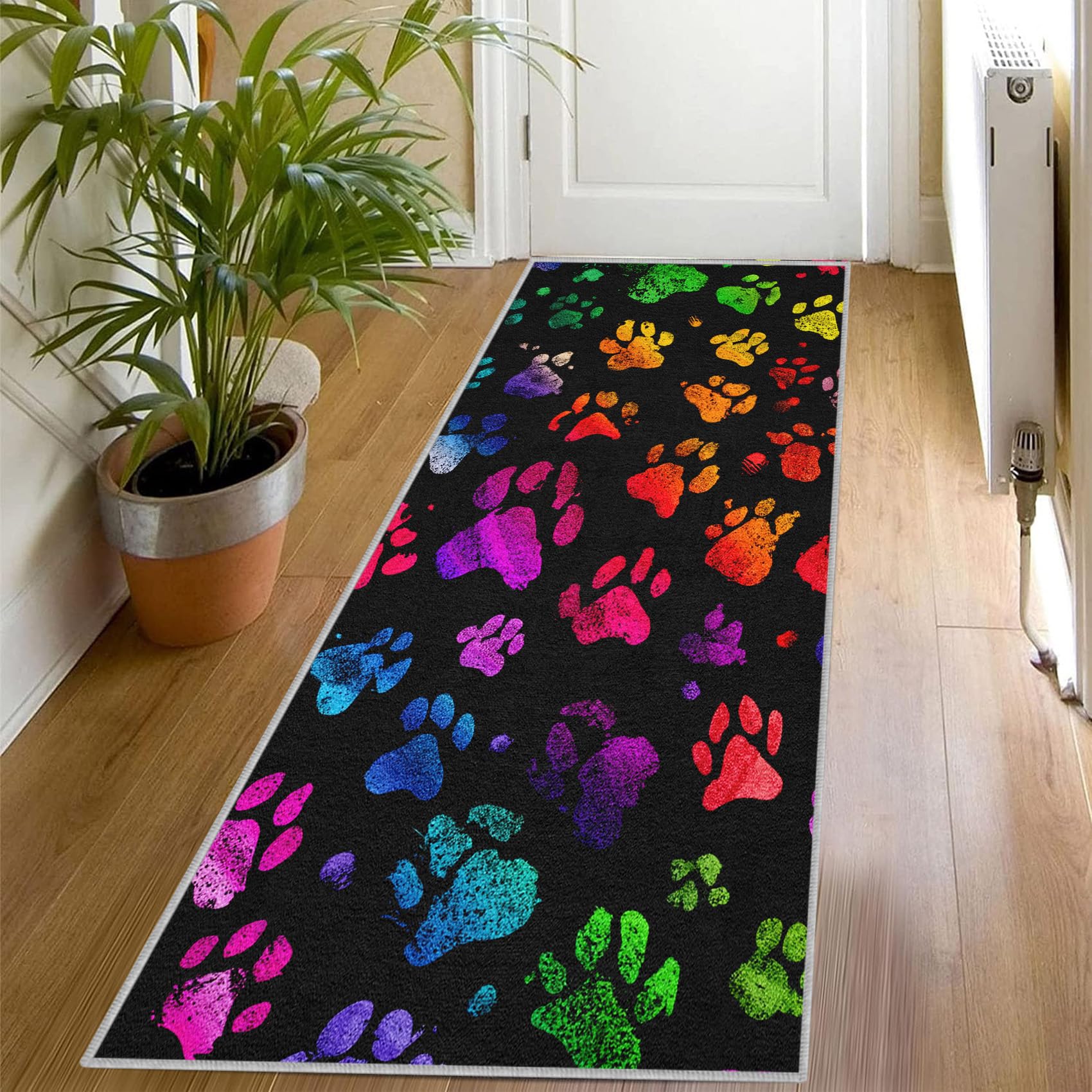 Colorful Dog Paw Print Runner Rug for Hallway, 60x120, Cat Pet Paws Pattern Throw Rug Entrance Neon Animal Footprint Decor Carpet, Washable Non-Slip Rugs Runners for Living Room Bedroom YD615