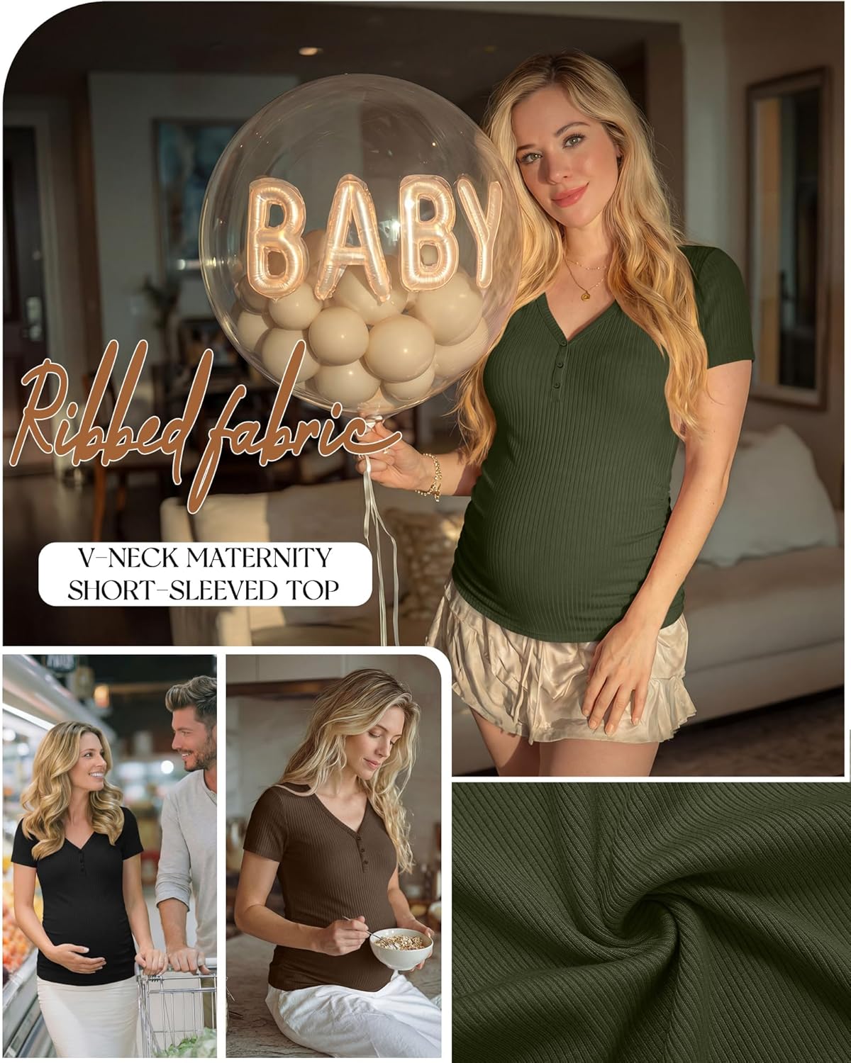 3 Pack Womens Maternity Shirts Short Sleeve Cotton Ribbed V Neck Pregnancy Clothes Casual Henley Side Ruched Tees