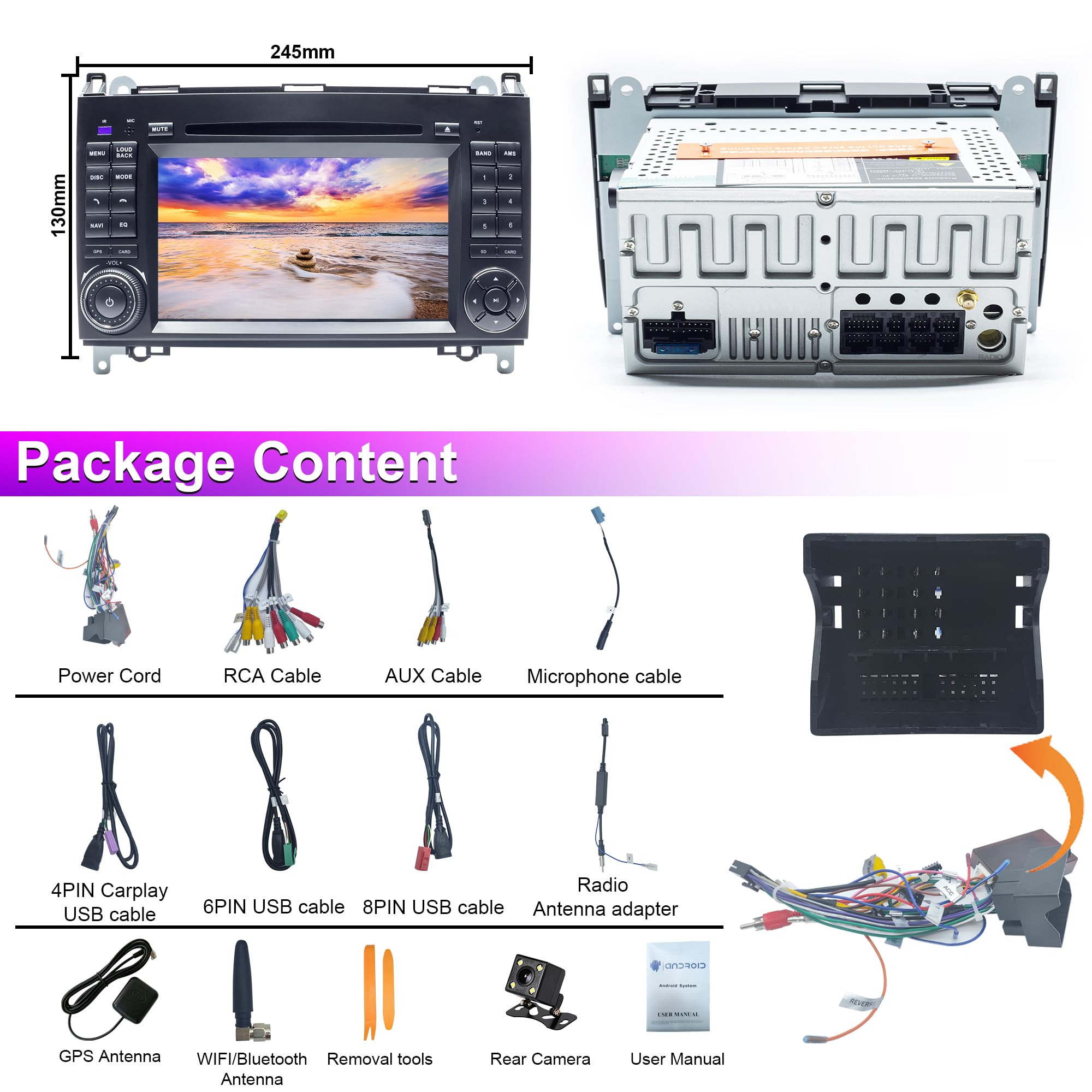 Android-Autoradio für Benz W169 W245 B16 B170 B180 B200 W639 Vito Viano W906 Sprinter Bildschirm Carplay Android Auto, GPS-Navigation [2 GB RAM + 16 GB ROM]