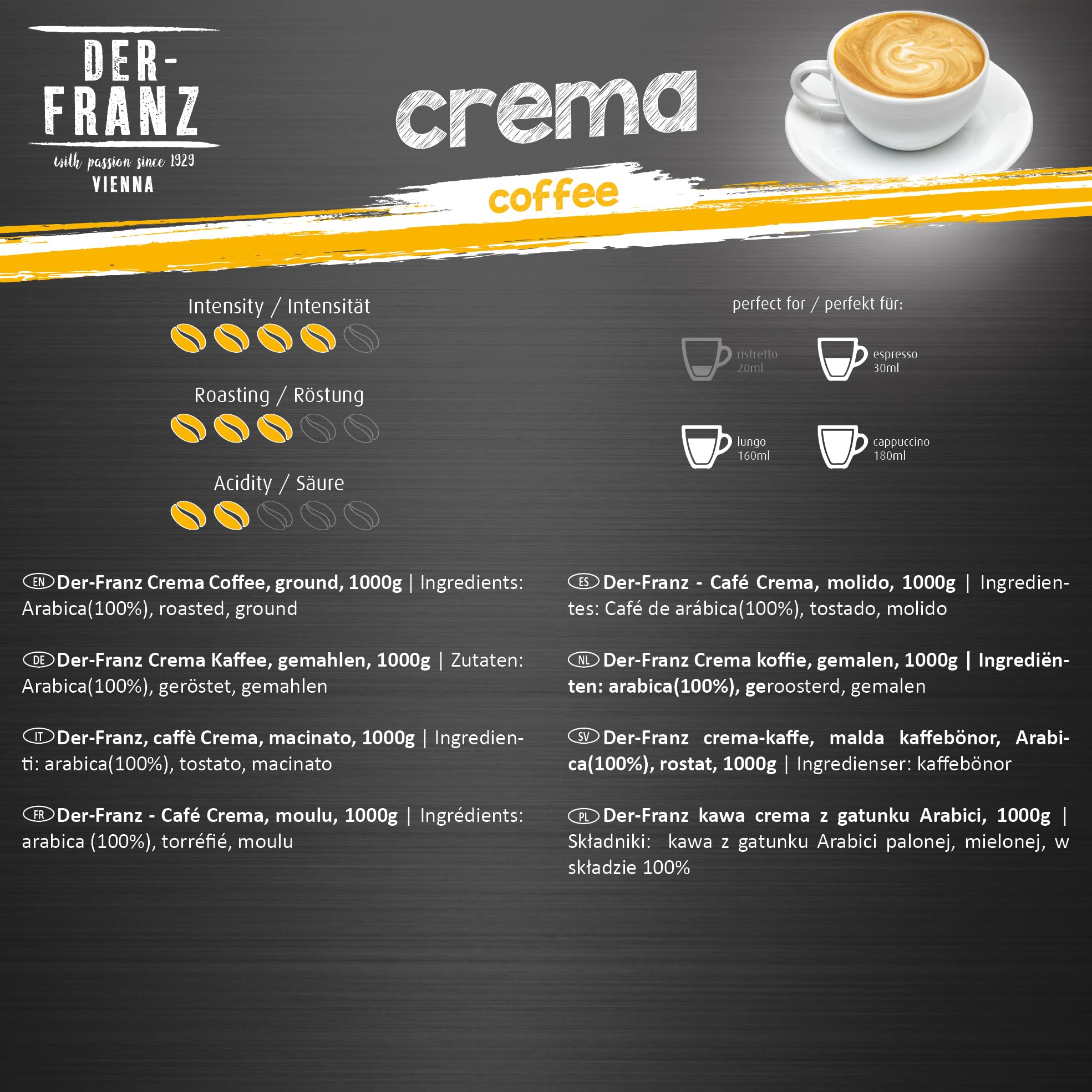 Der-Franz - Café Crema con certificación UTZ, molido, 4 x 1000 g