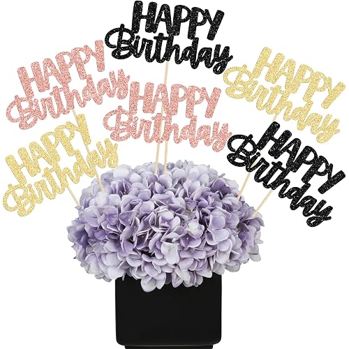 Gyufise 12Pcs Happy Birthday Centerpieces Sticks Double Sided Glitter Birthday Party Decorations Anniversary Table Flower Centerpiece for Celebrating Party Supplies Black Gold Rose Gold