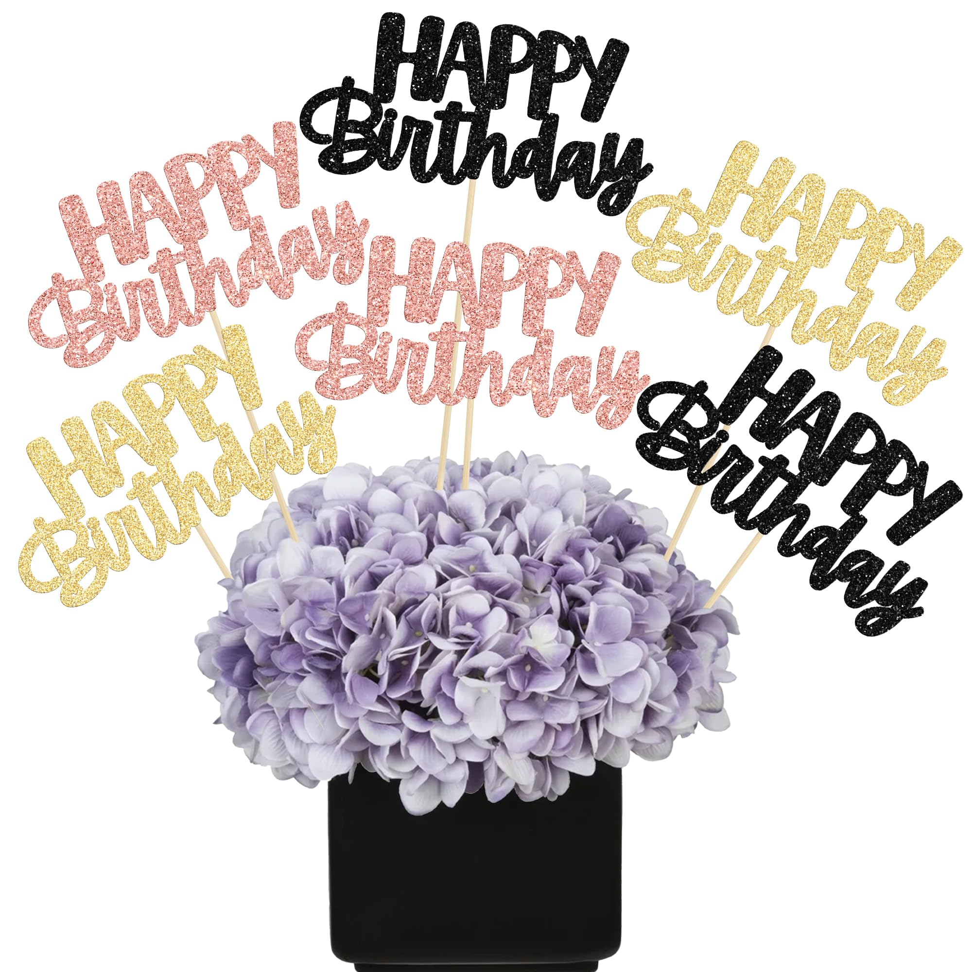 Gyufise 12Pcs Happy Birthday Centerpieces Sticks Double Sided Glitter Birthday Party Decorations Anniversary Table Flower Centerpiece for Celebrating Party Supplies Black Gold Rose Gold