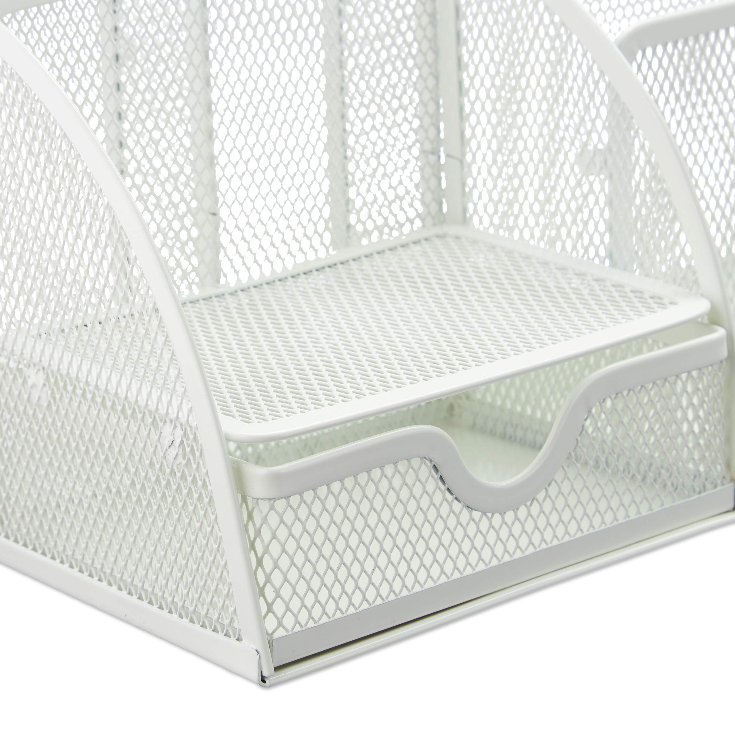 Relaxdays Organizer biurowy z uchwytem na długopisy i szufladą, metalowa siatka, wys. x szer. x gł.: 13 x 28 x 14 cm, biały, 1 sztuka