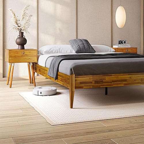 Bme Dinkee Marco de cama característico de 15 pulgadas sin cabecero - Estilo moderno y minimalista con madera de acacia - 12 soportes de listones de