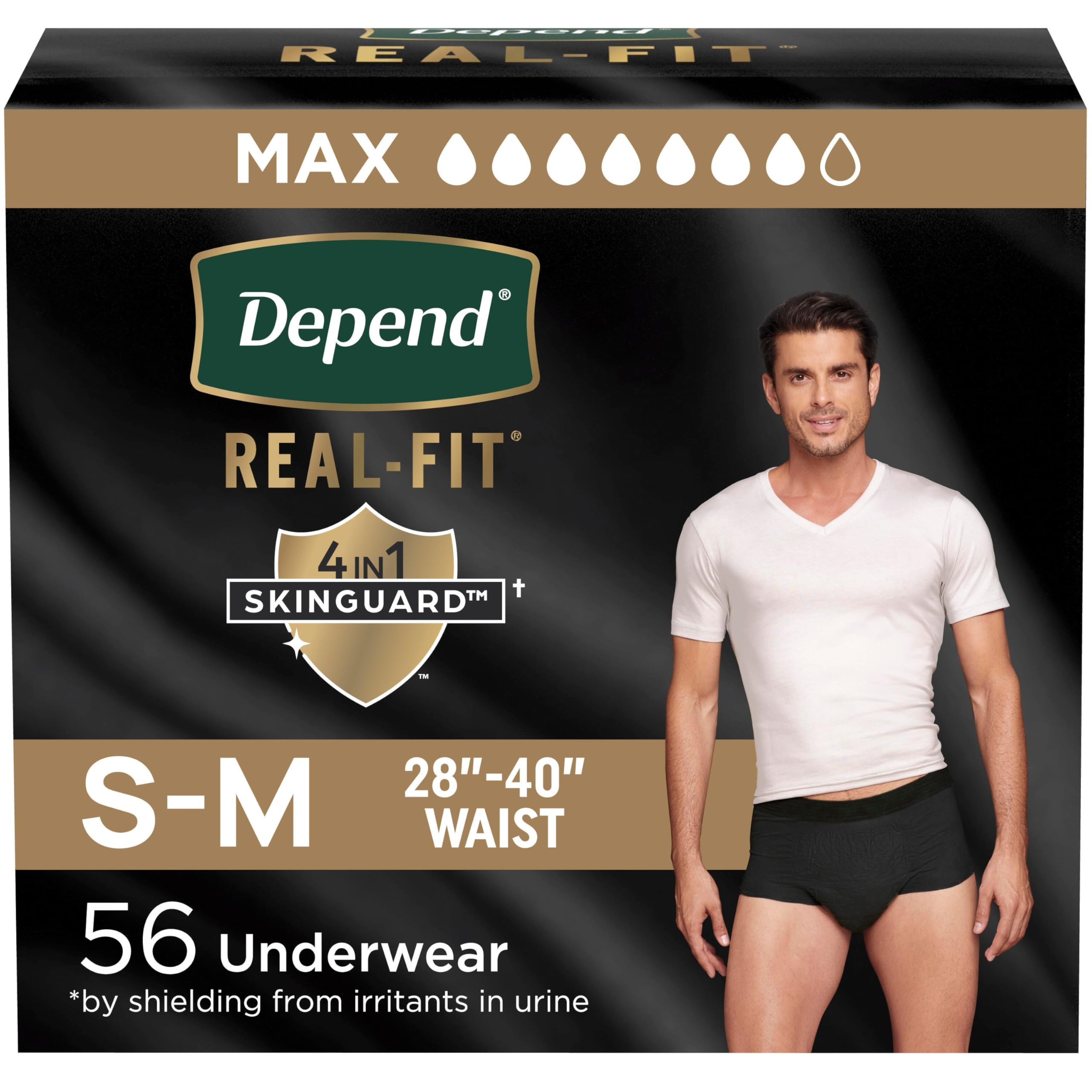 - Depend Real Fit Adult Diapers, Incontinence Underwear for Men, Disposable, Maximum Absorbency, Small/Medium, Black, 56 Count (2 Packs of 28), Packaging May Vary