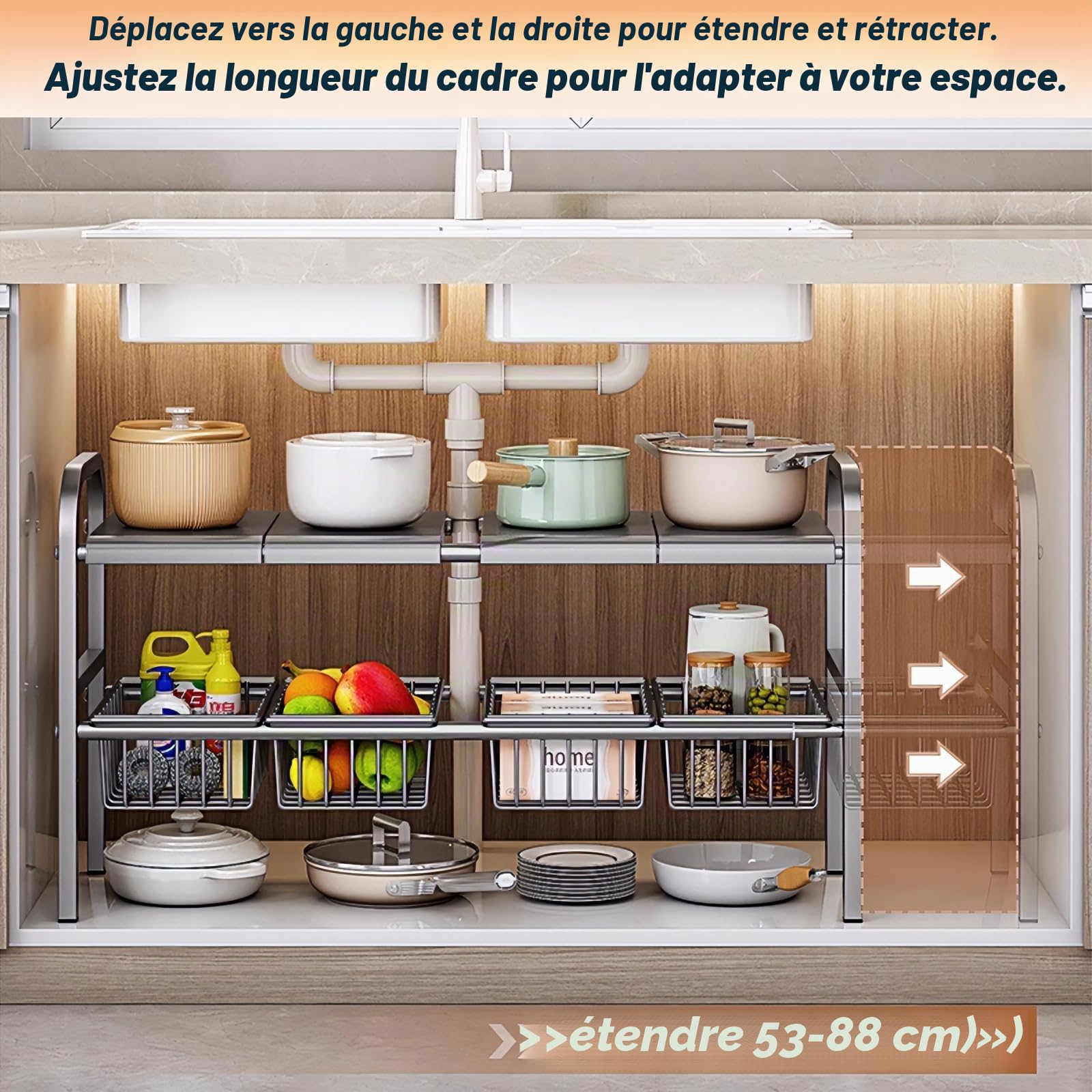ViWaVee Rangement Sous Evier Extensible 53-93cm Organisateur Cuisine 4 Plateaux 4 Paniers Hauteur Réglable 5cm