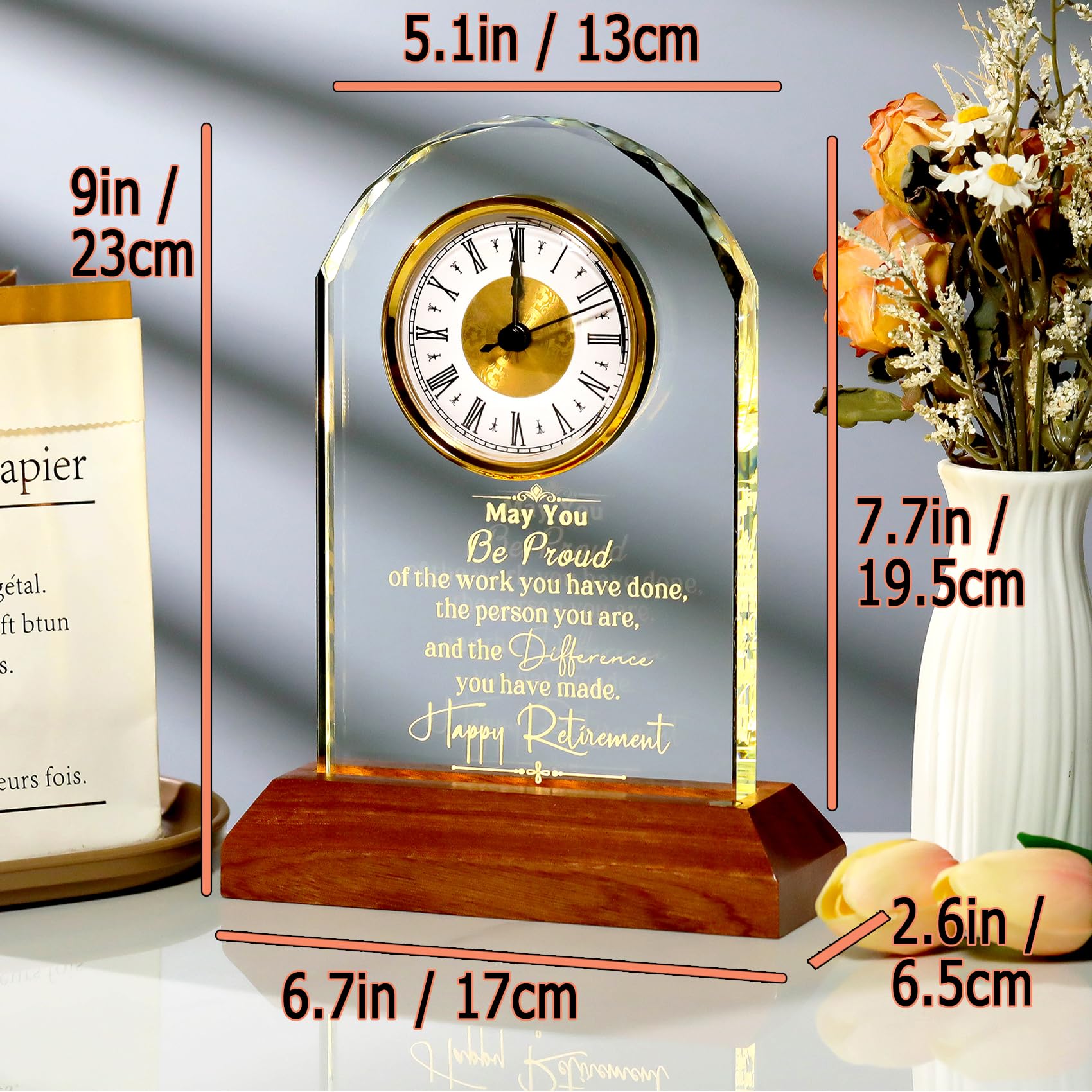 Arikyrist Crystal Desk Clock Retirement Gifts for Women Men Glass Keepsake Quartz Clock with LED Light Happy Retirement Leaving Far-well Retired Presents for Coworkers Colleagues Friends - Image 3