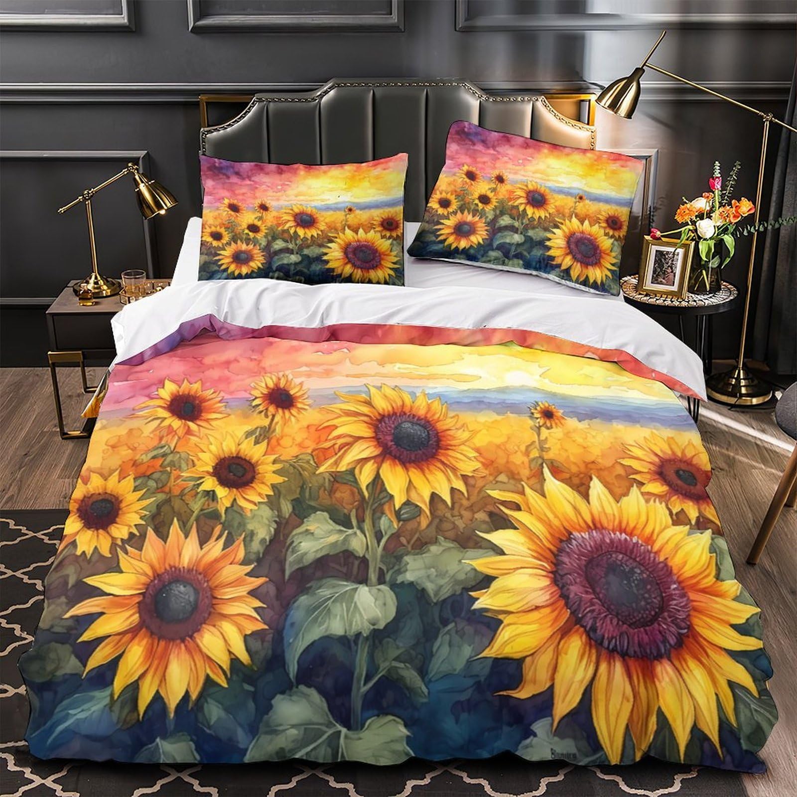 Parure de Lit 3D Tournesols avec Fermeture Éclair Résistante Anti-Allergie
