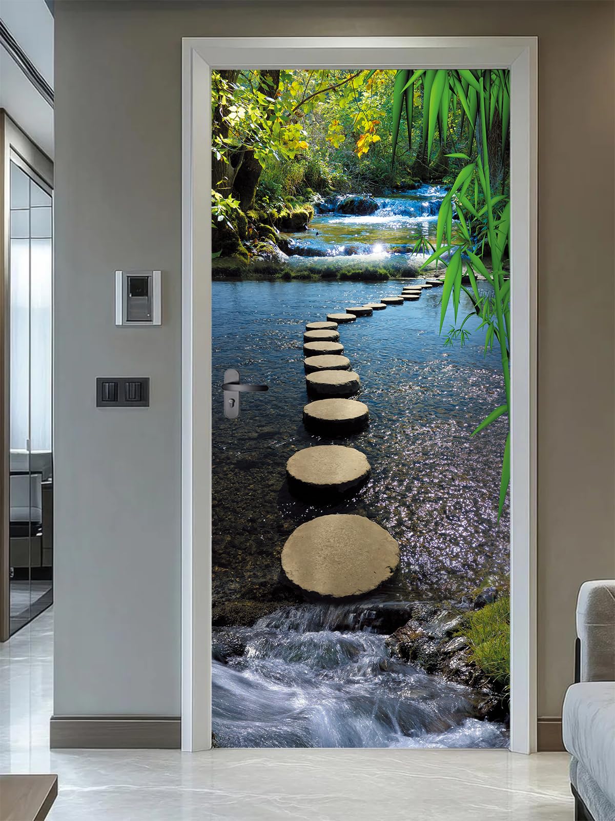 FLFK 3D Door Stickers Peel and Stick 85x215cm,Self-Adhesive Door Murals Wallpaper Poster Removable Mountain Stream Stone Pier Bridge Decals for Home Decor(2Pcs/Set)