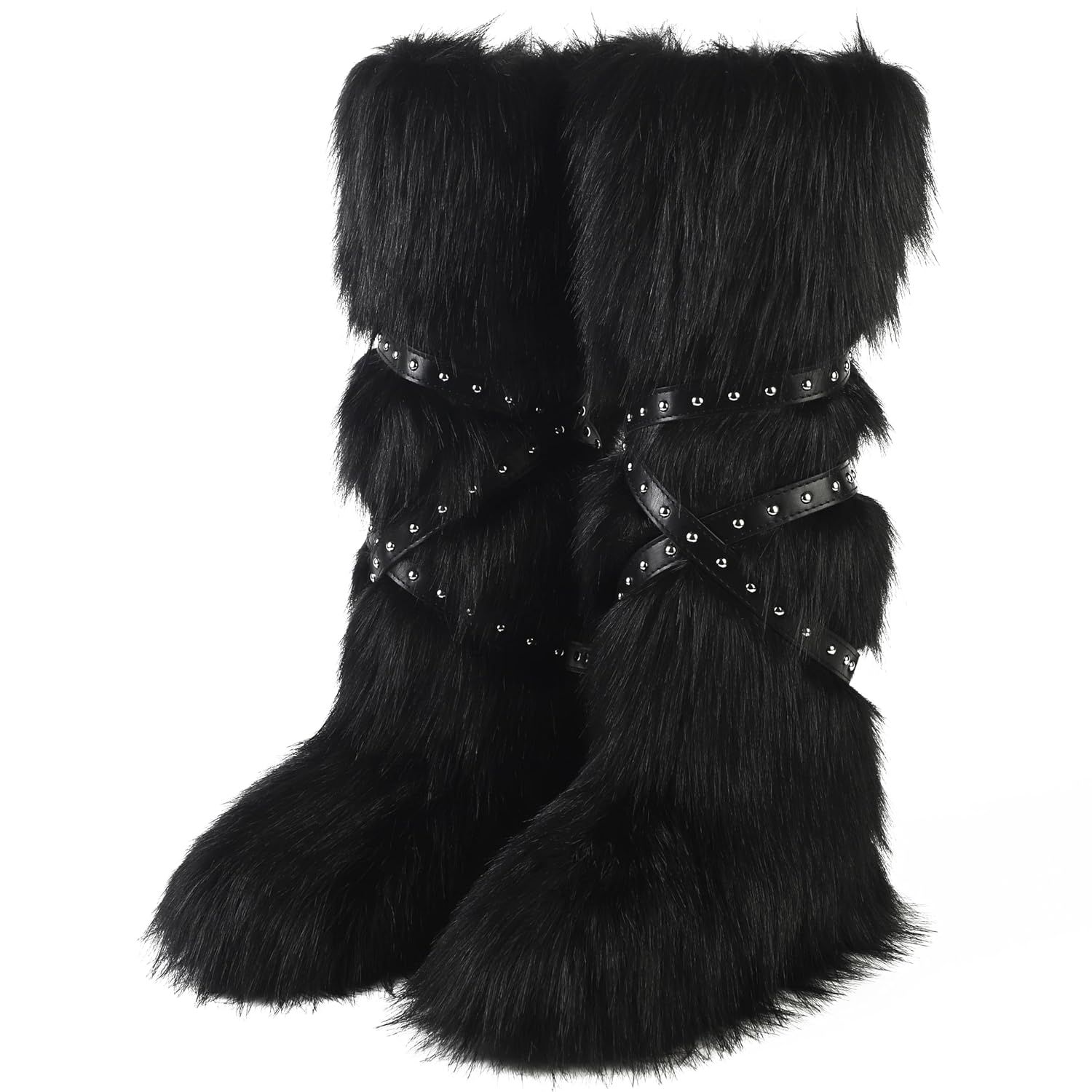 Womens Faux Fur Boot Round Toe Suede Winter Fuzzy Shoes Warm Snow Comfy Plush Short Flat Mid-Calf and