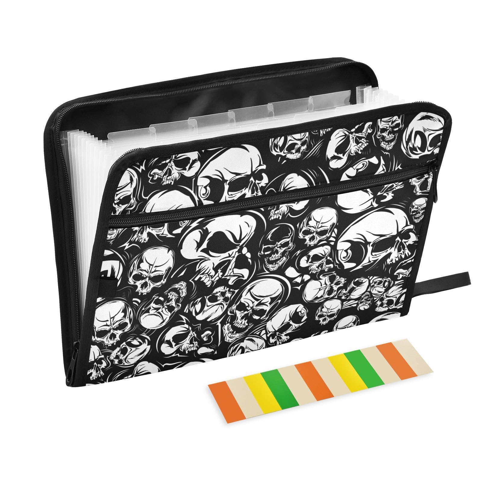 Skulls Hand-Drawn File Folders,Plastic Folders with 13 Pockets,Expandable File Folder for Documents School Students Office,Aesthetic Folder with
