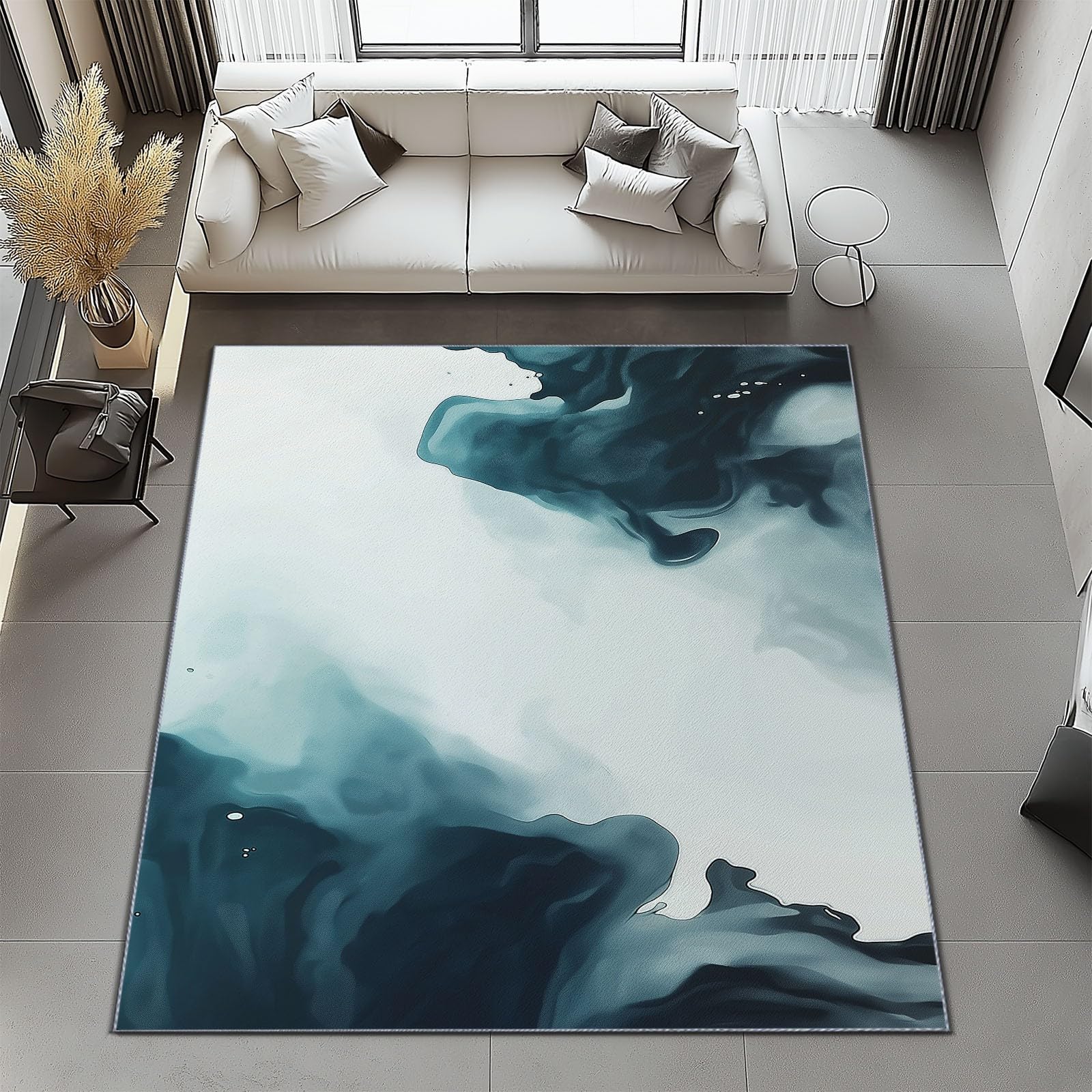 Grand Tapis Motif Aquarelle Abstraite Antidérapant Shaggy 80 x 150 cm Gris Bleu