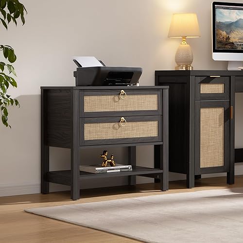 Miniatura 8 de SICOTAS - Juego de 2 mesitas de noche de ratán con cajones y estante de almacenamiento, mesa auxiliar estrecha estilo bohemio para dormitorio o