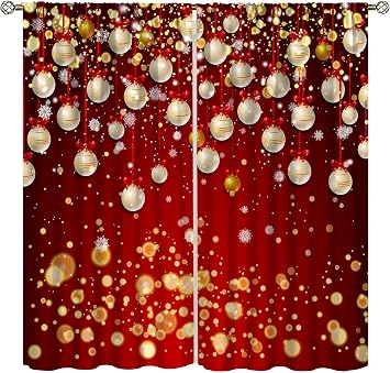 Red Christmas Balls Curtains for Holiday, Xmas Balls Light-Filtering Curtains, Winter Snowflake Rod Pocket Window Treatment Curtains 42x45 Inch