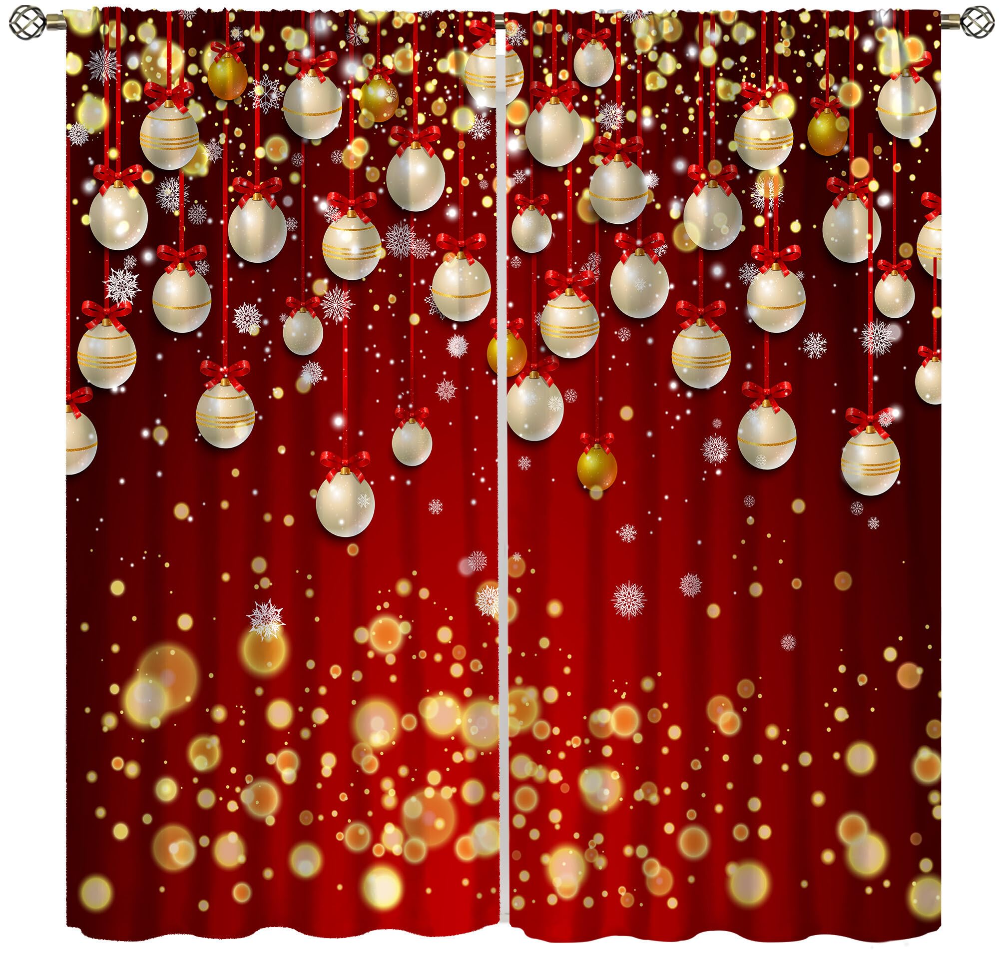 Llylumty Red Christmas Balls Curtains for Holiday, Xmas Balls Light-Filtering Curtains, Winter Snowflake Rod Pocket Window Treatment Curtains 42x63