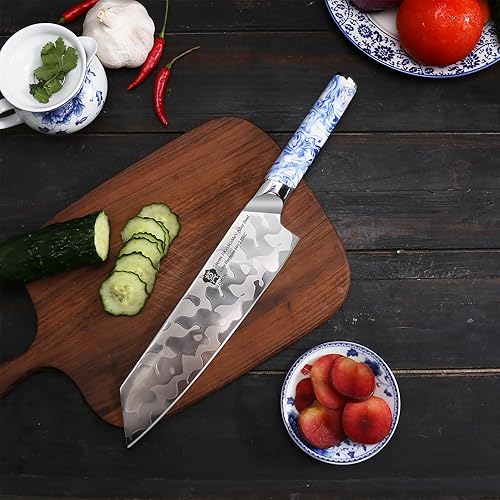 Miniatura 7 de WILDMOK Cuchillo Kiritsuke de 8.5 pulgadas, 7 capas de acero revestido 10Cr15CoMoV con mango de resina de porcelana azul y blanca, cuchillos de chef