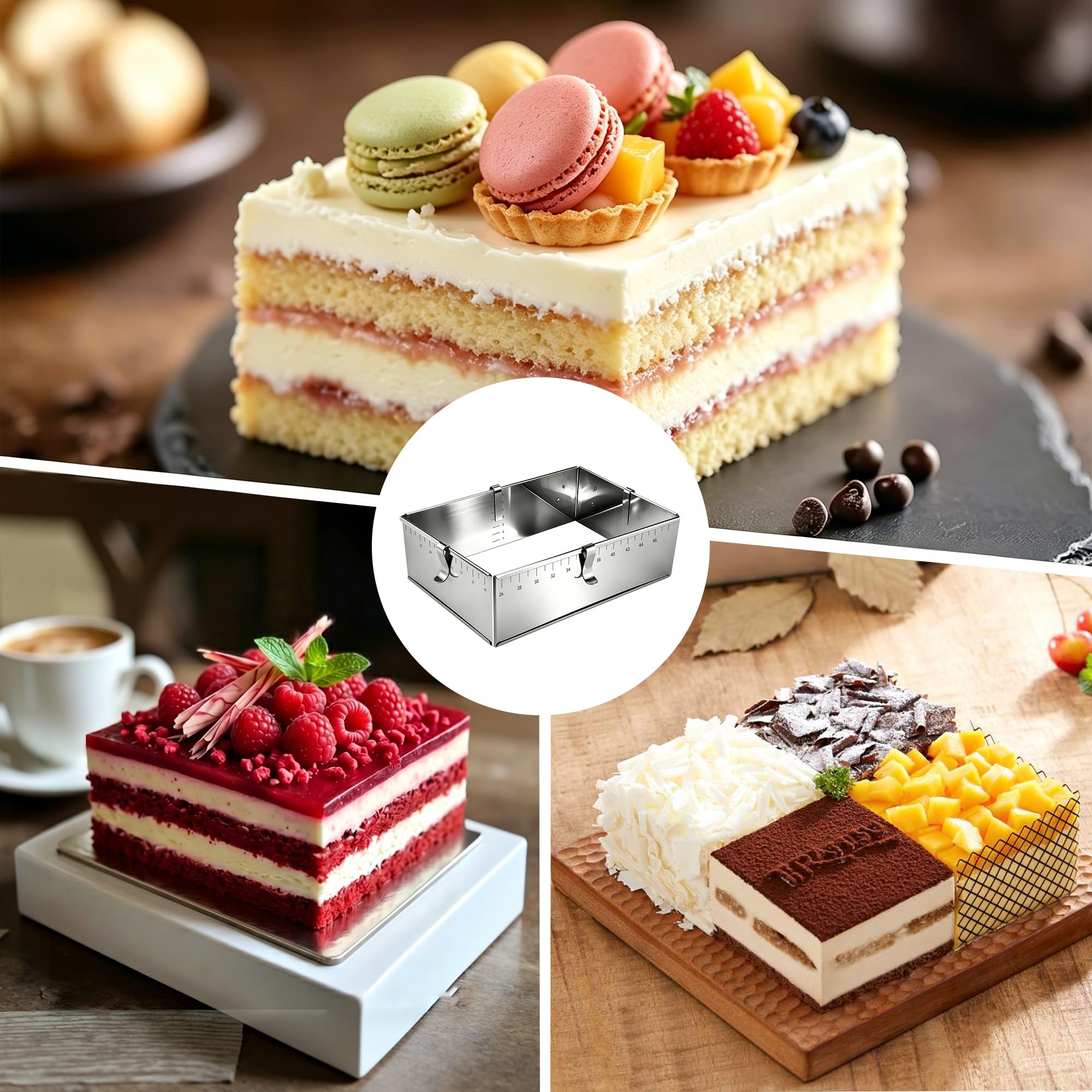 ICARE Backrahmen rechteckig verstellbar 8 cm hohe - Edelstahl Backform | Kuchenform eckig mit 4 Klammer für Schichttorten, Torten & Desserts – Zerlegbarer Tortenring eckig zum Backen