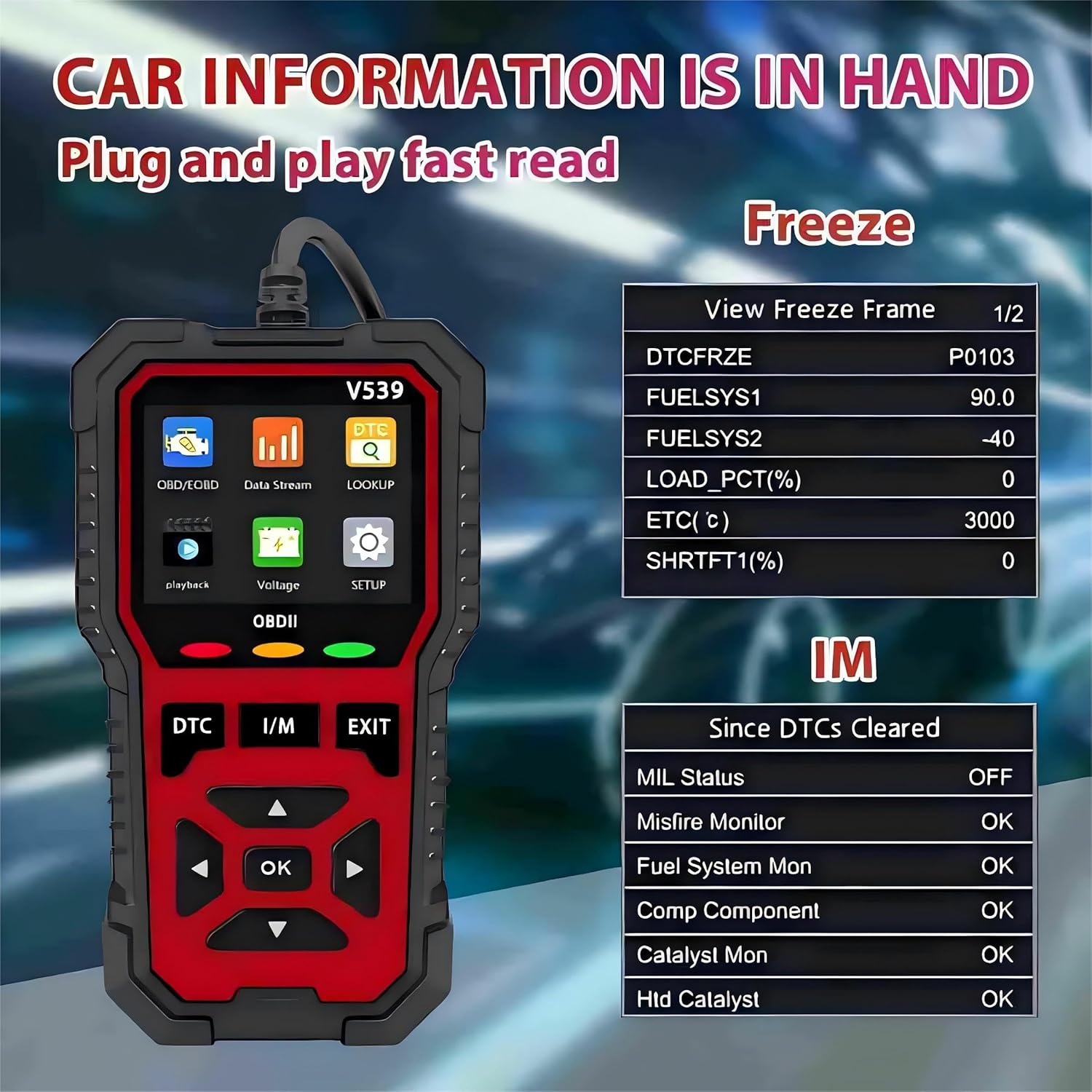 Car Information, Freeze Frame, and I/M Readiness data