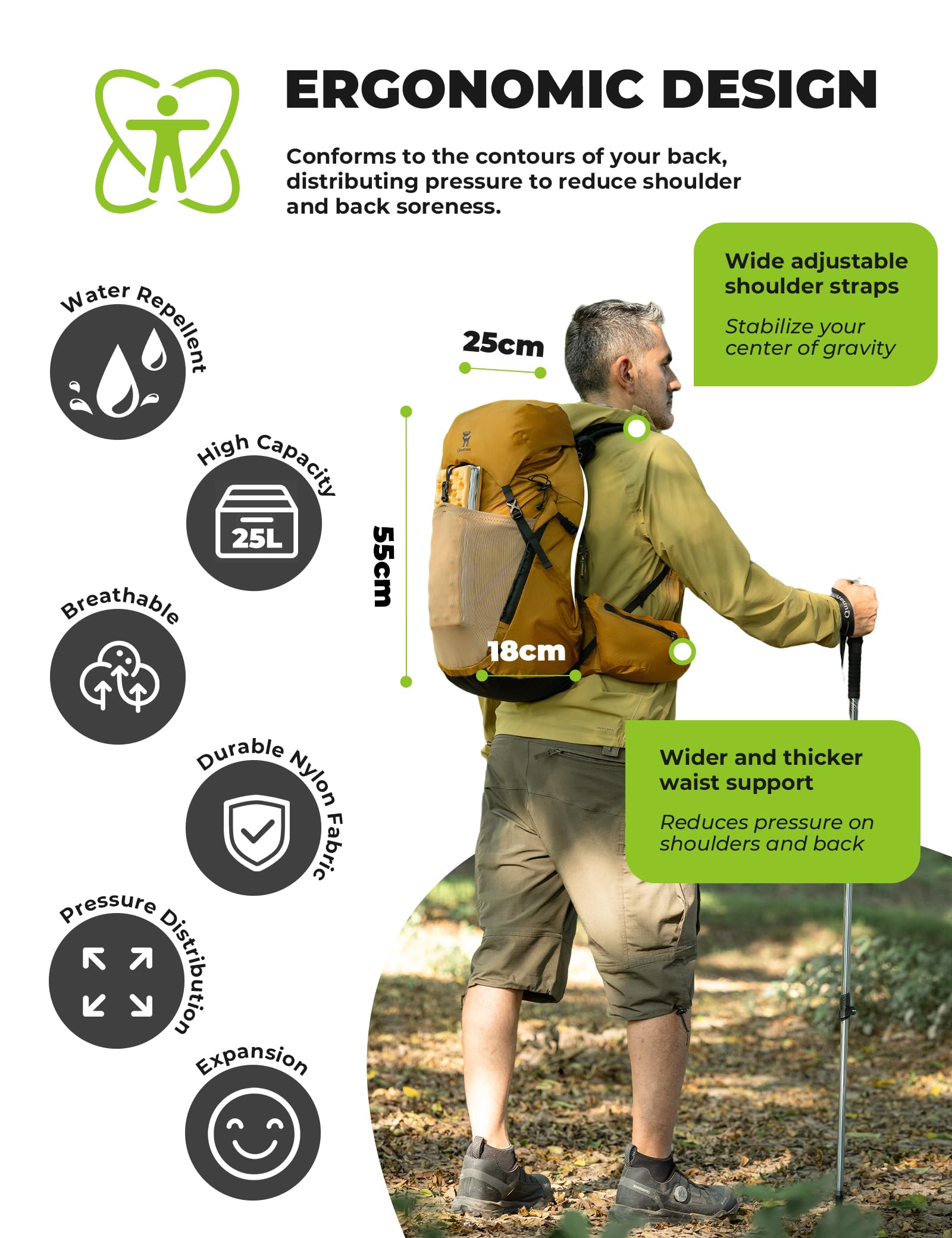 Mochila de Senderismo Impermeable 25L, Mochila de Trekking Ultraligera con Funda para Lluvia, Compartimento Superior Desmontable, Sistema de Espalda Transpirable, Caqui