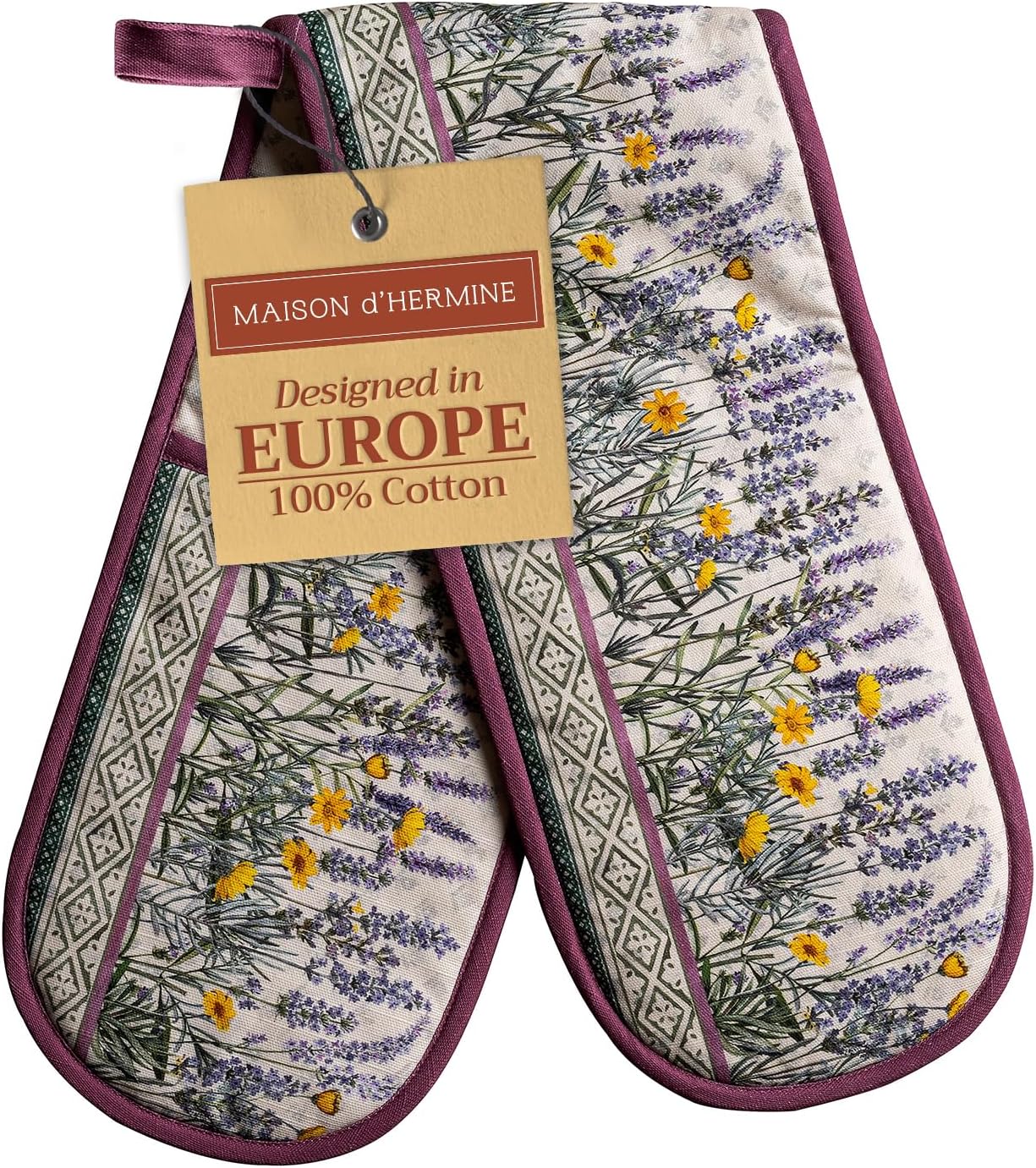 Maison d' Hermine Fanny Lavender 100% Cotton Double Oven Mitt BBQ Cooking Gloves Baking Grilling Microwave Barbecue Handling Hots & Pans Spring/Summer (18cm x 89cm)