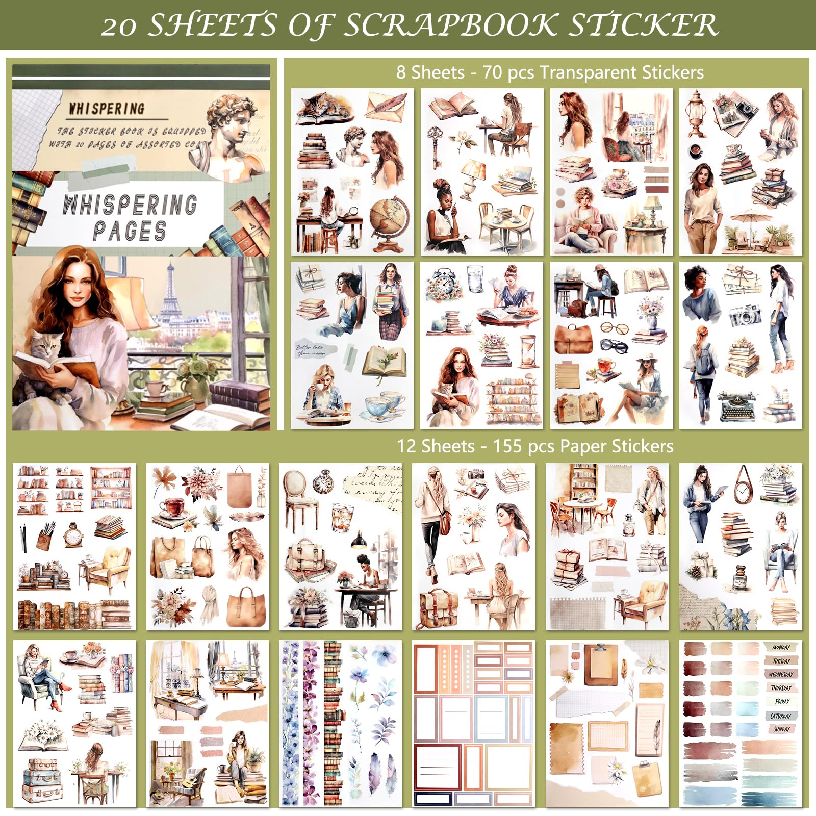 Lychii Scrapbook Stickers, 225pcs Pre-Cut Reading Themed Junk Journal Book Stickers - Image 2