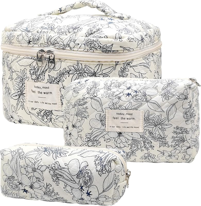 Conjunto Cozomga com 3 necessaires de algodão matelassado, estampa floral preta