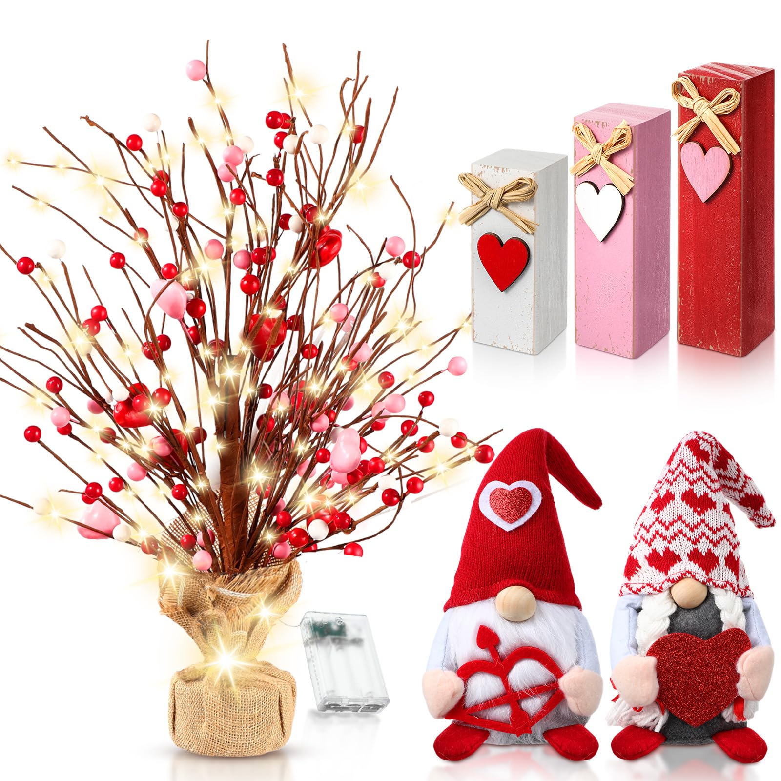 Cinnvoice 6 piezas de decoración para el día de San Valentín, árbol de mesa de 48 cm con forma de corazón de bayas artificiales con cuerda de luz, regalos de madera rústica para parejas, decoración de