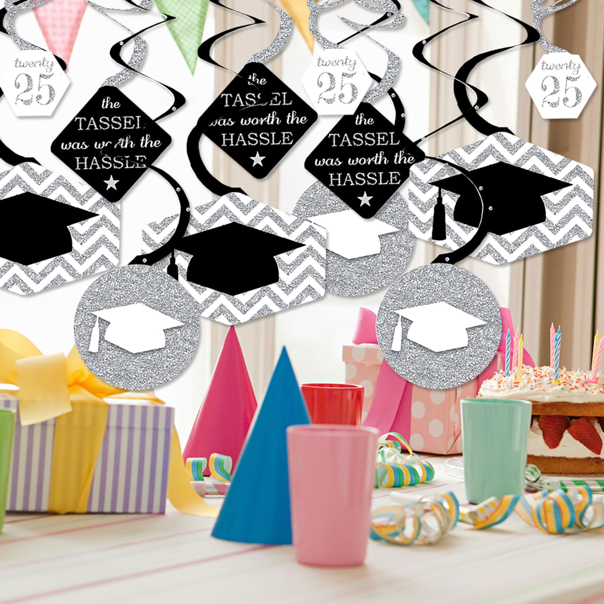 Big Dot of Happiness Silver Graduation Class of 2025 Decorations Hanging Swirls - Set of 40